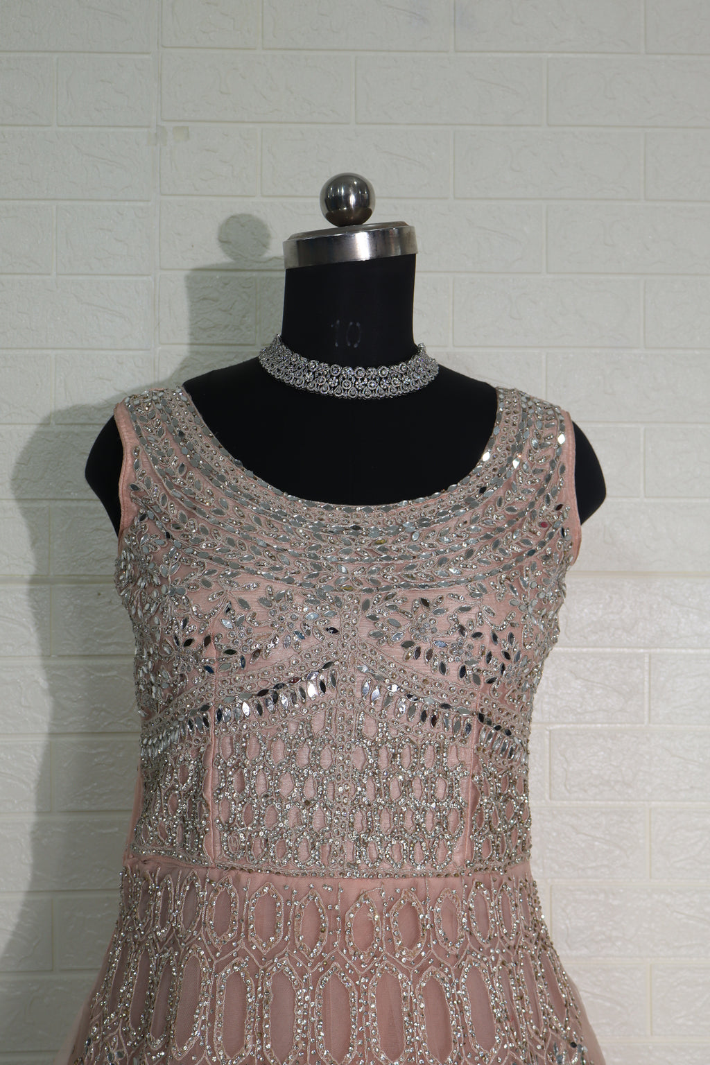 Champagne Peach Mirror-Work Net Gown