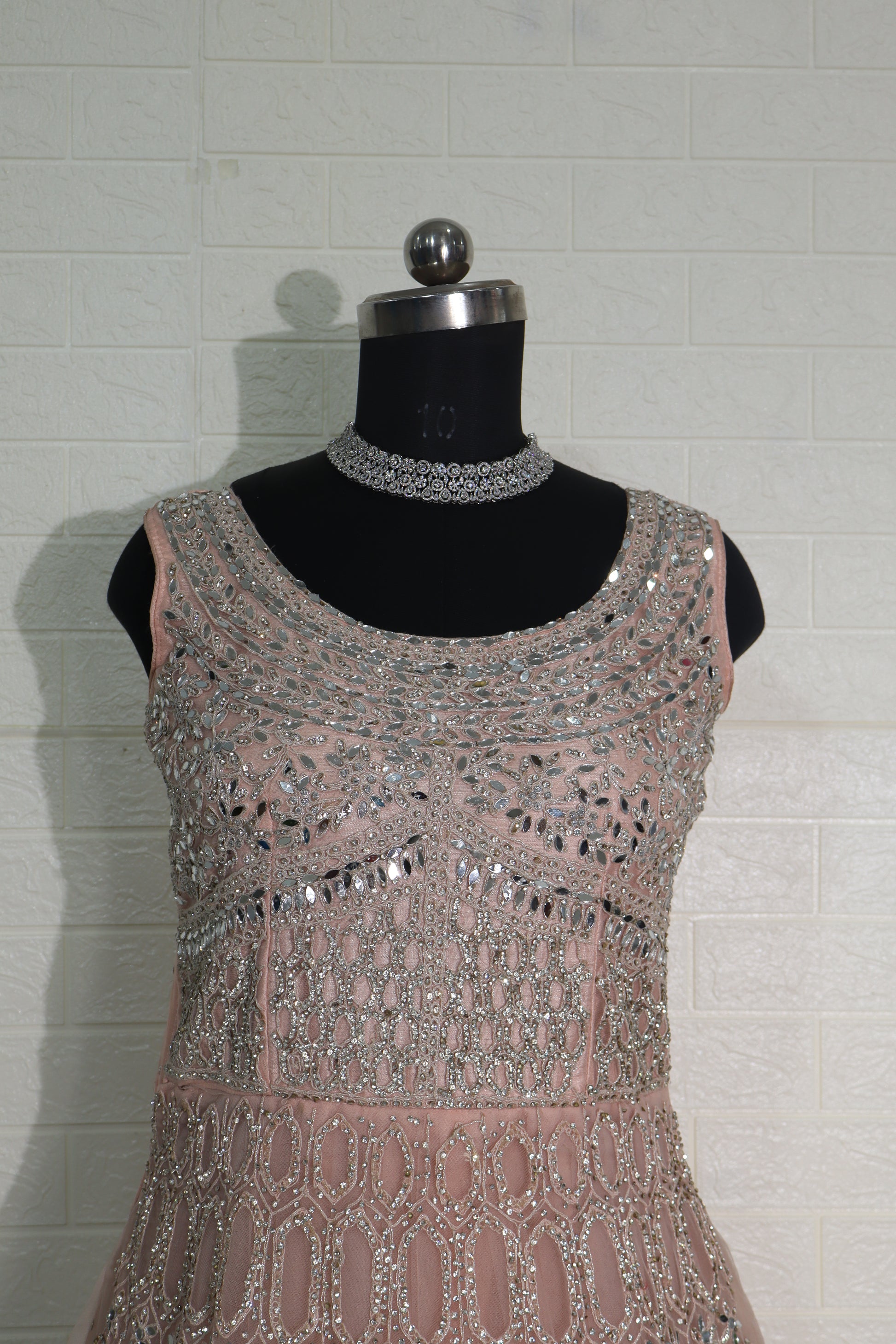 Champagne Peach Mirror-Work Net Gown