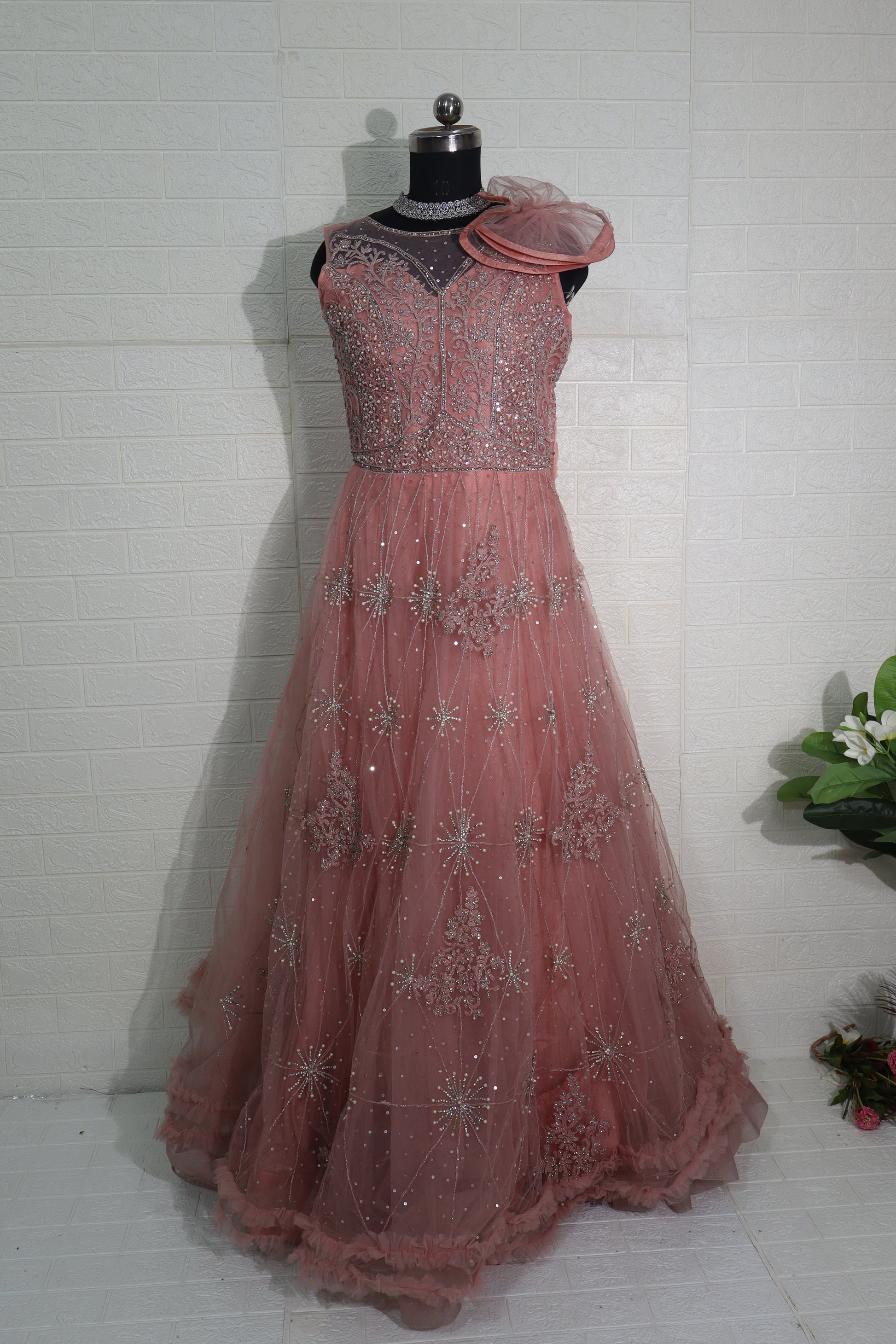 Dusty Rose Net Gown with Floral Shoulder Detail and Sequin Embroidery