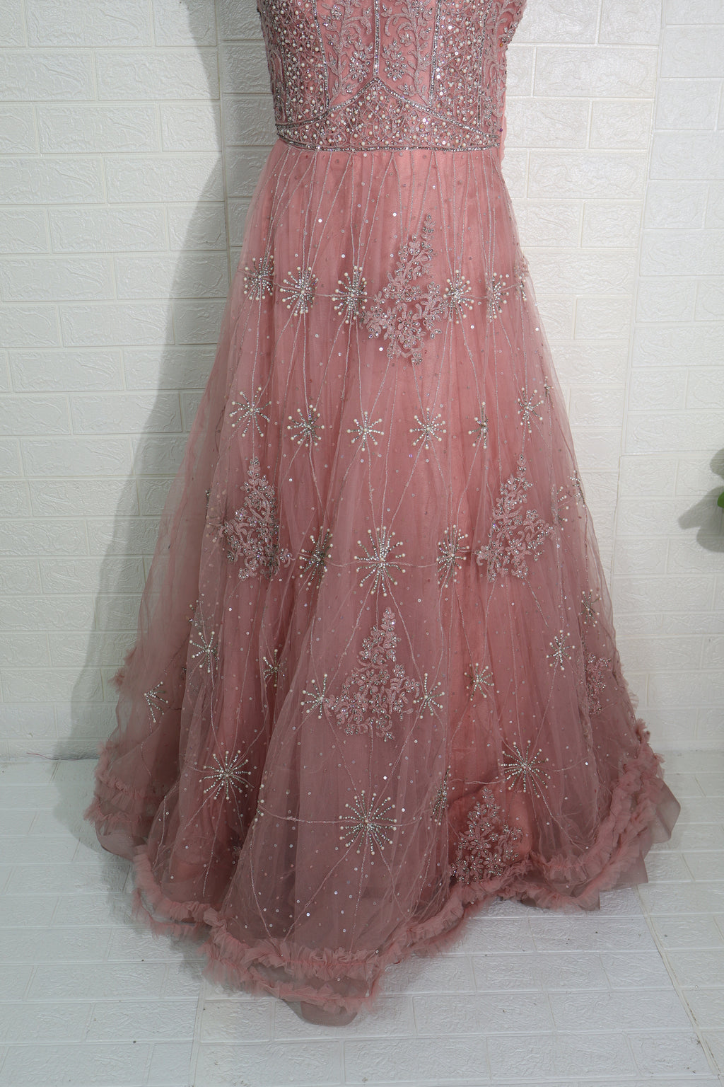 Dusty Rose Net Gown with Floral Shoulder Detail and Sequin Embroidery