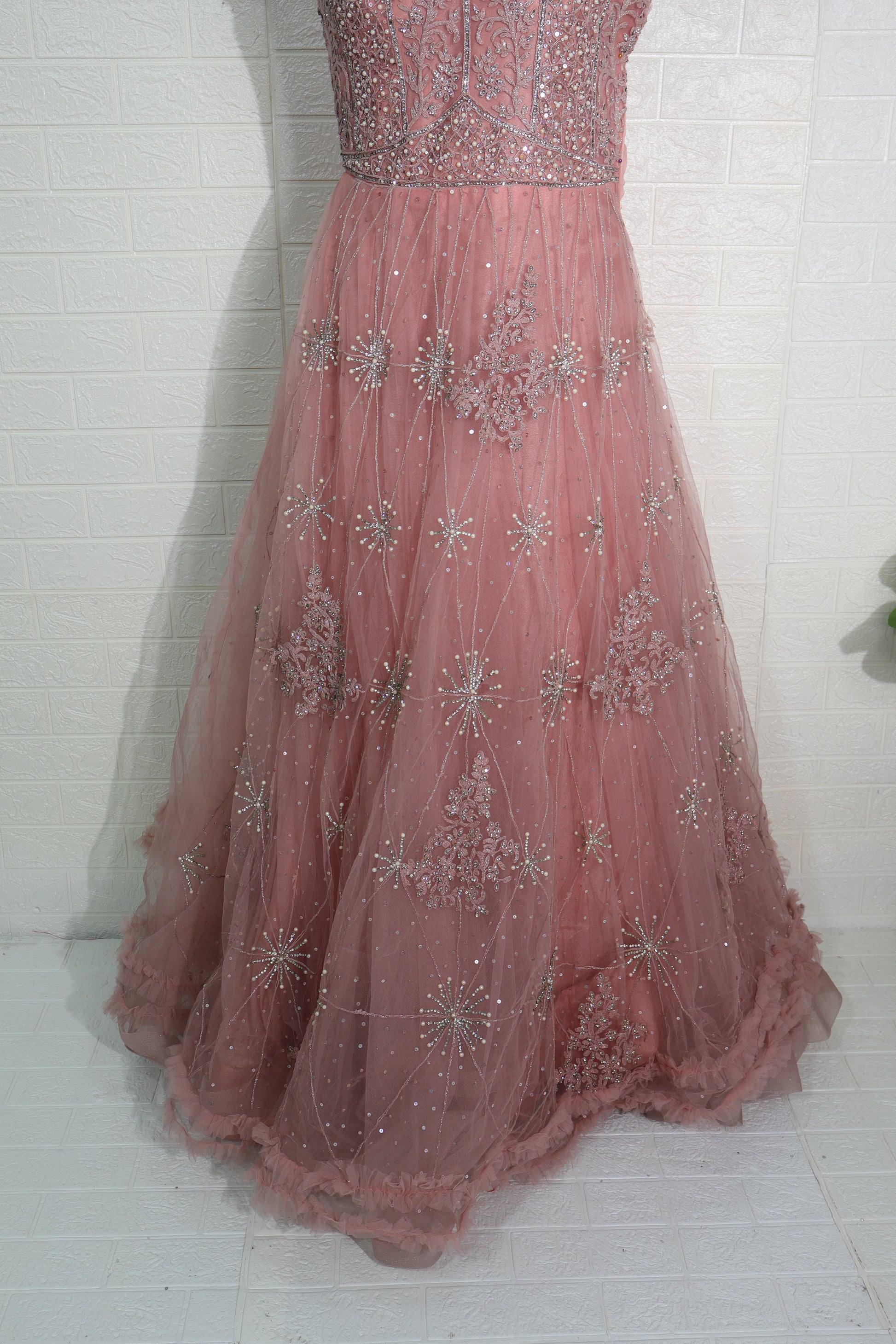 Dusty Rose Net Gown with Floral Shoulder Detail and Sequin Embroidery