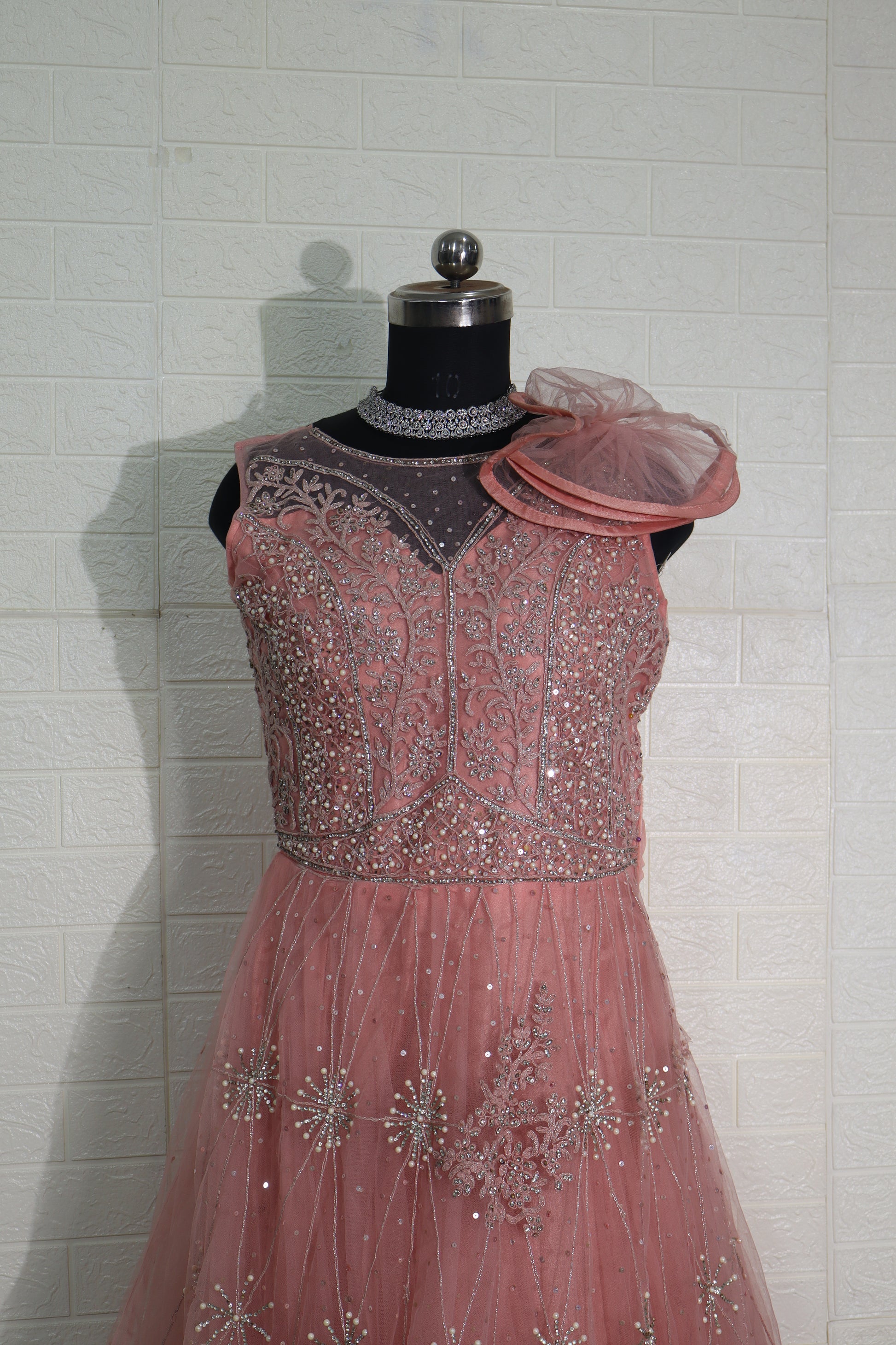Dusty Rose Net Gown with Floral Shoulder Detail and Sequin Embroidery