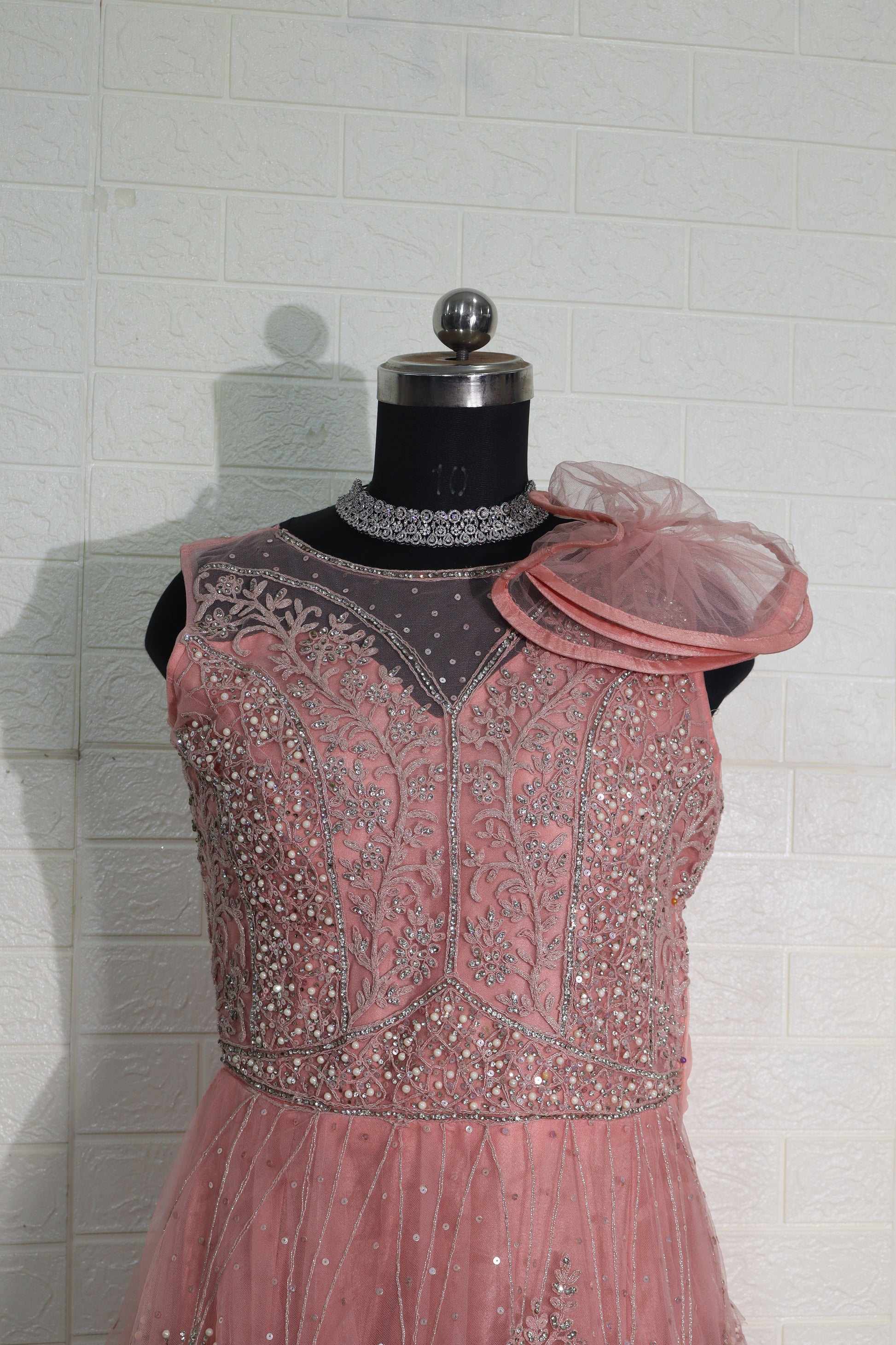 Dusty Rose Net Gown with Floral Shoulder Detail and Sequin Embroidery