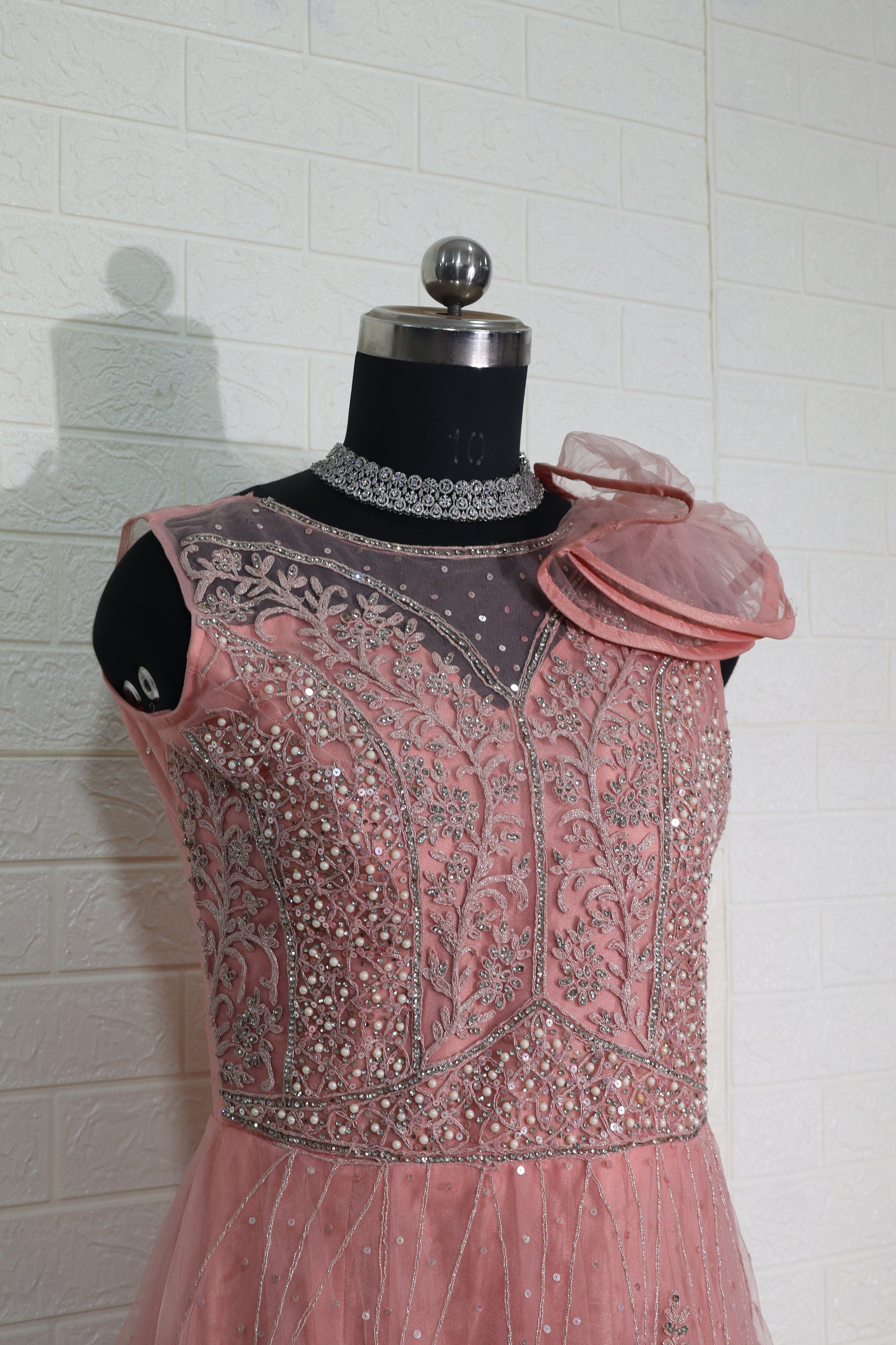 Dusty Rose Net Gown with Floral Shoulder Detail and Sequin Embroidery