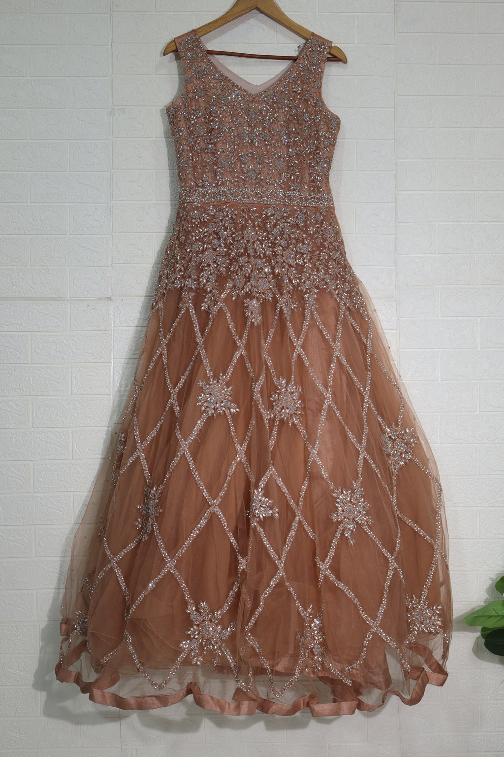 Copper Brown Embellished Net Gown with Crystal Lattice Design