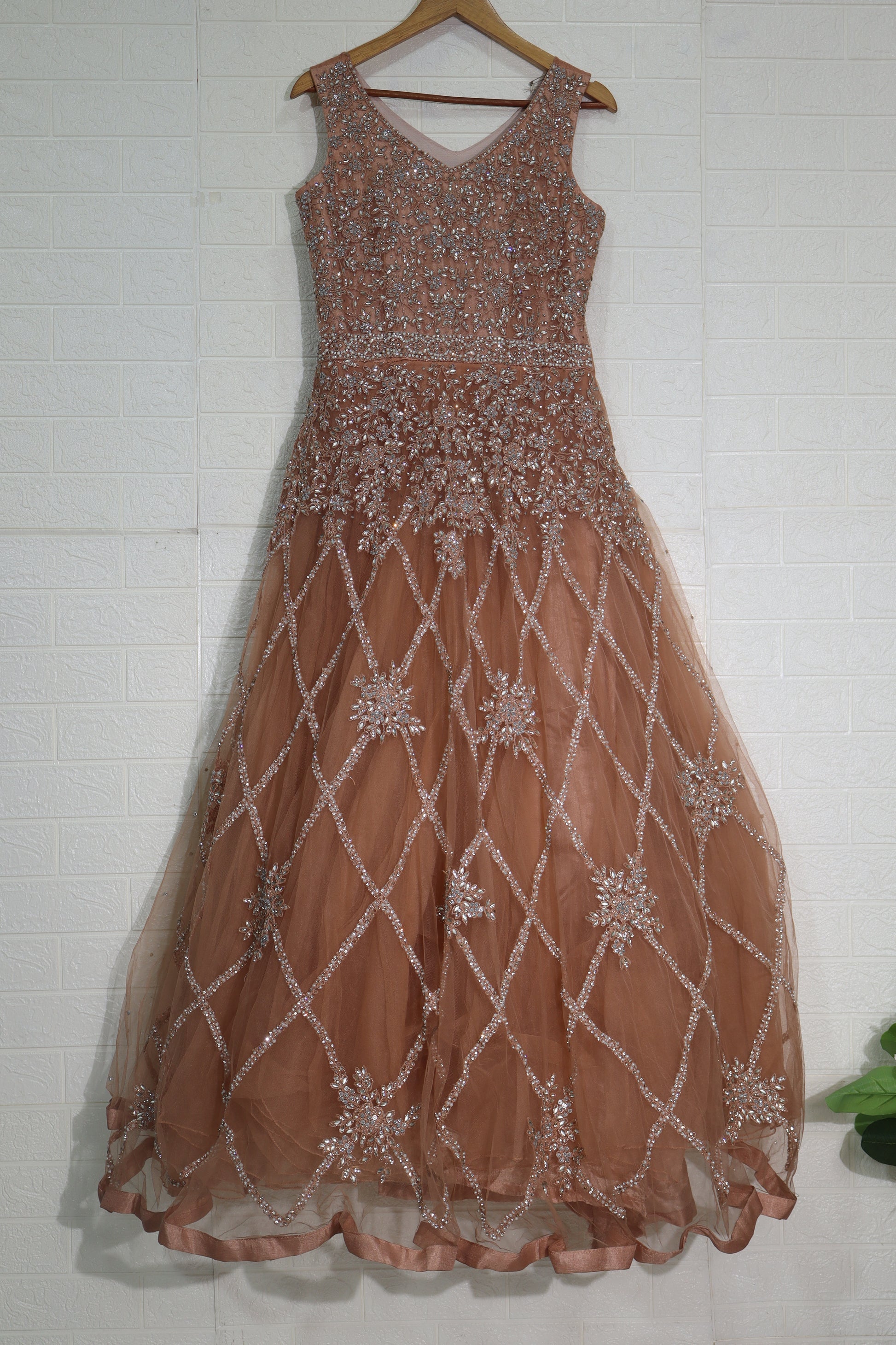 Copper Brown Embellished Net Gown with Crystal Lattice Design