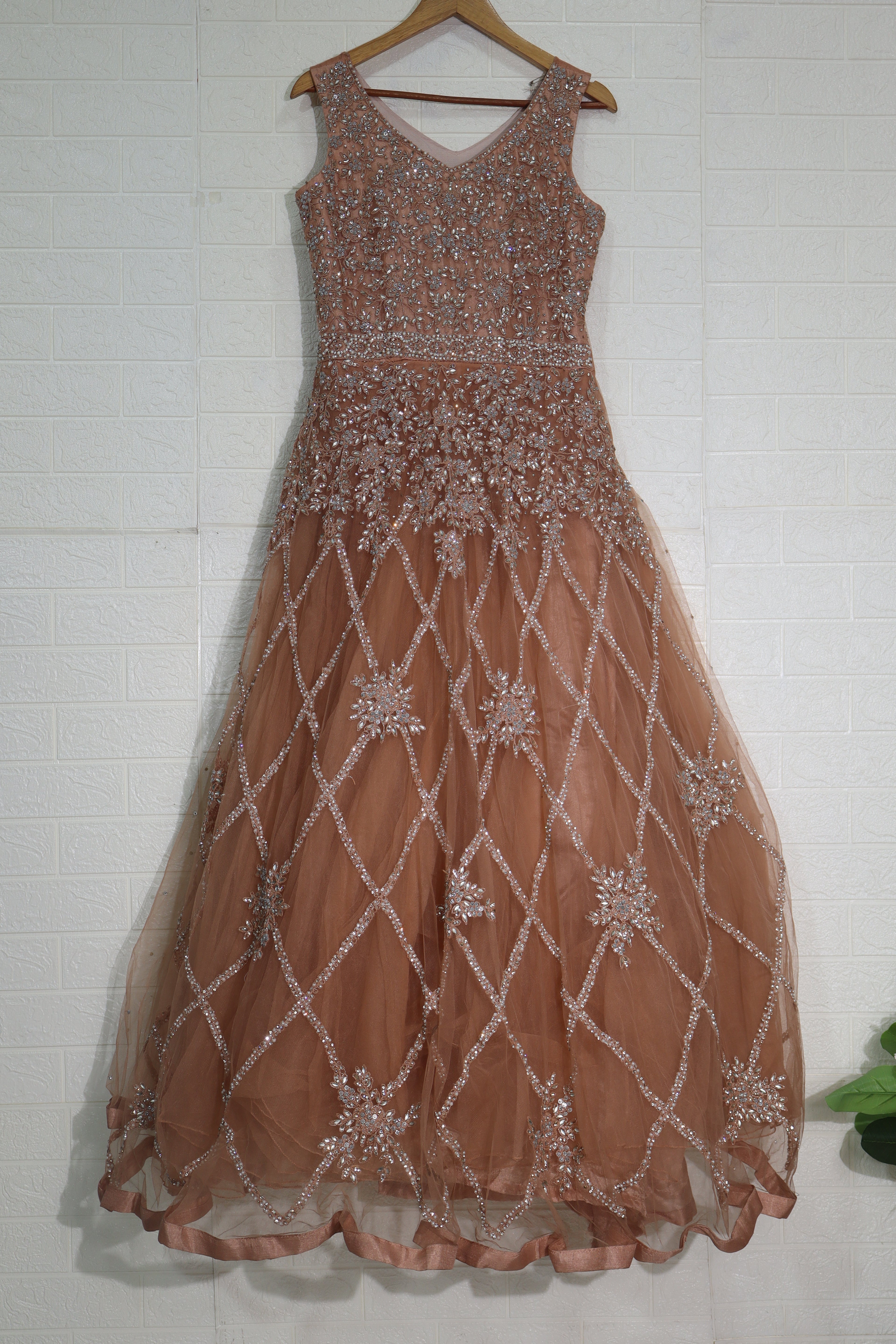 Copper Brown Embellished Net Gown with Crystal Lattice Design