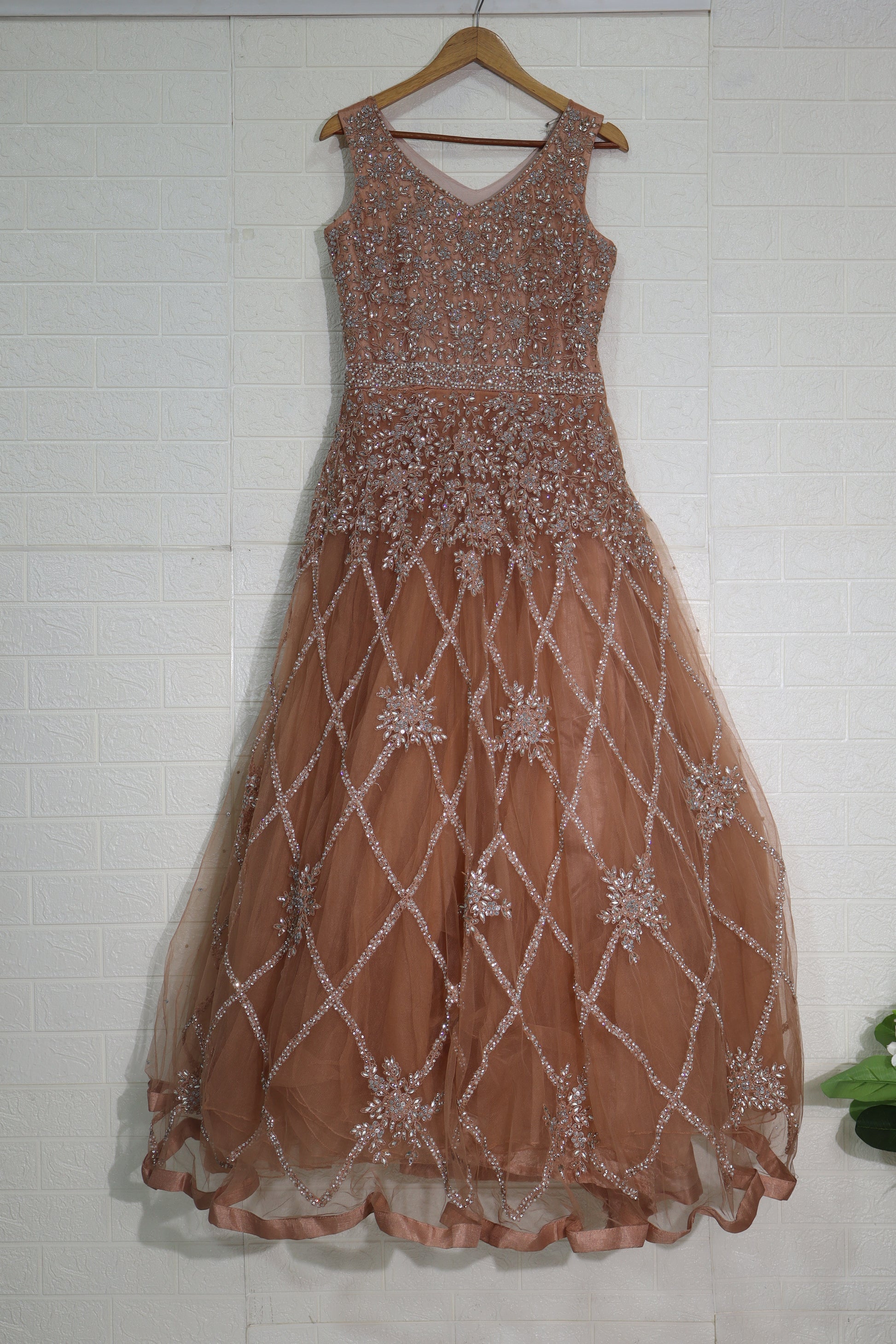 Copper Brown Embellished Net Gown with Crystal Lattice Design