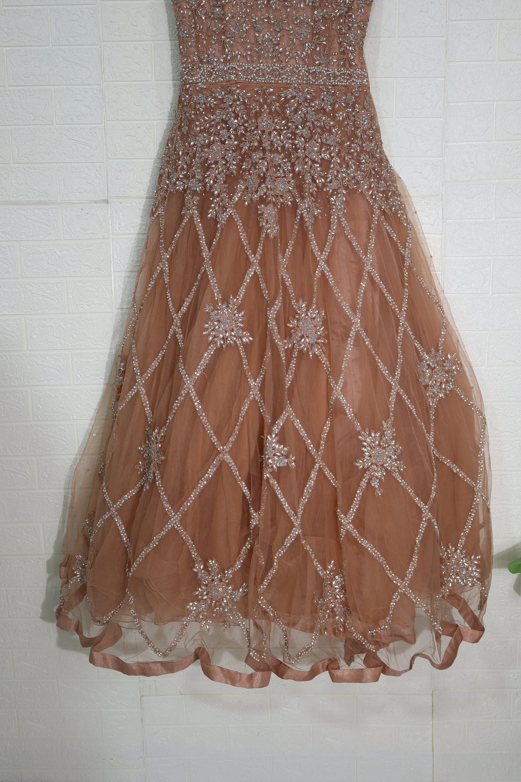 Copper Brown Embellished Net Gown with Crystal Lattice Design