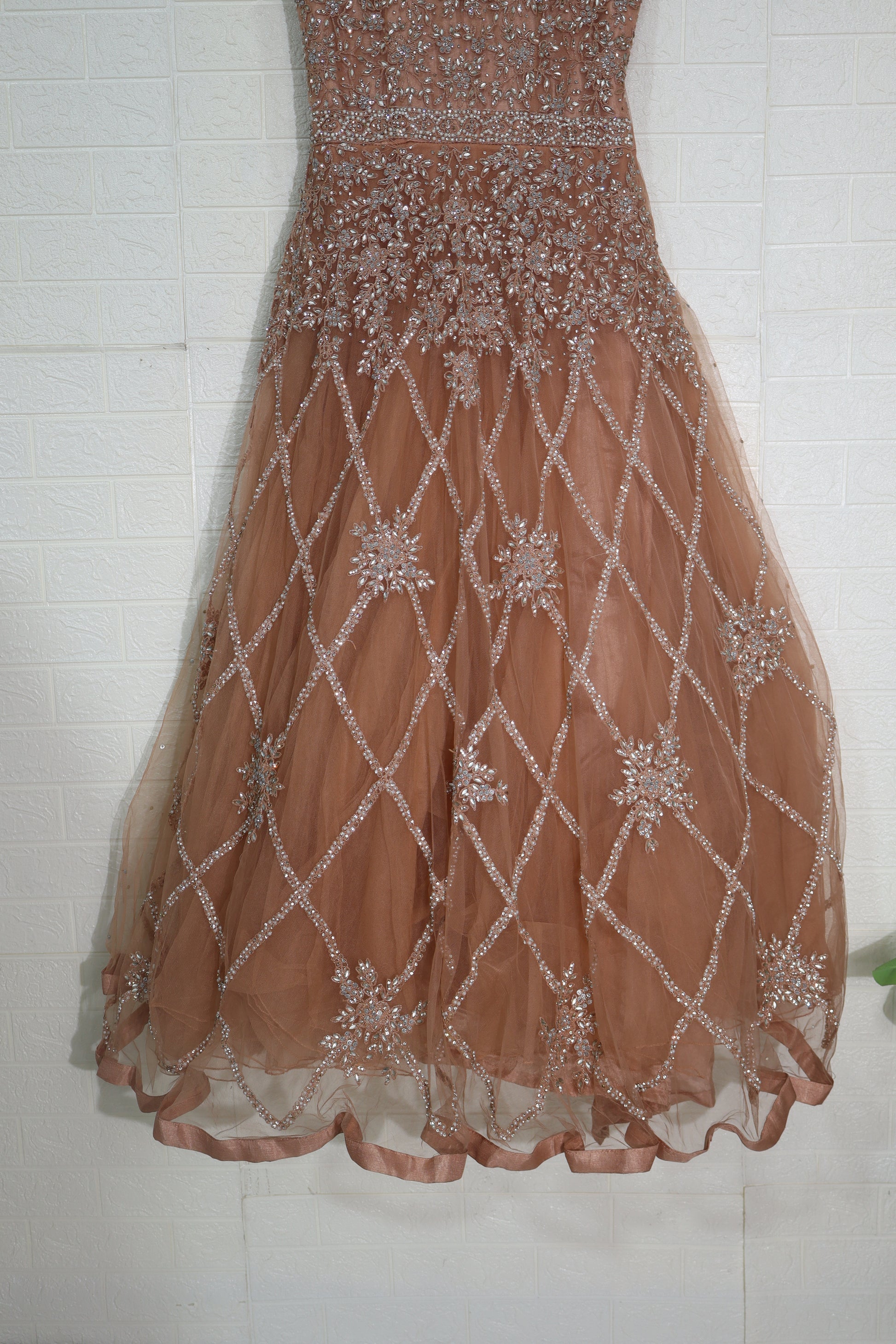 Copper Brown Embellished Net Gown with Crystal Lattice Design