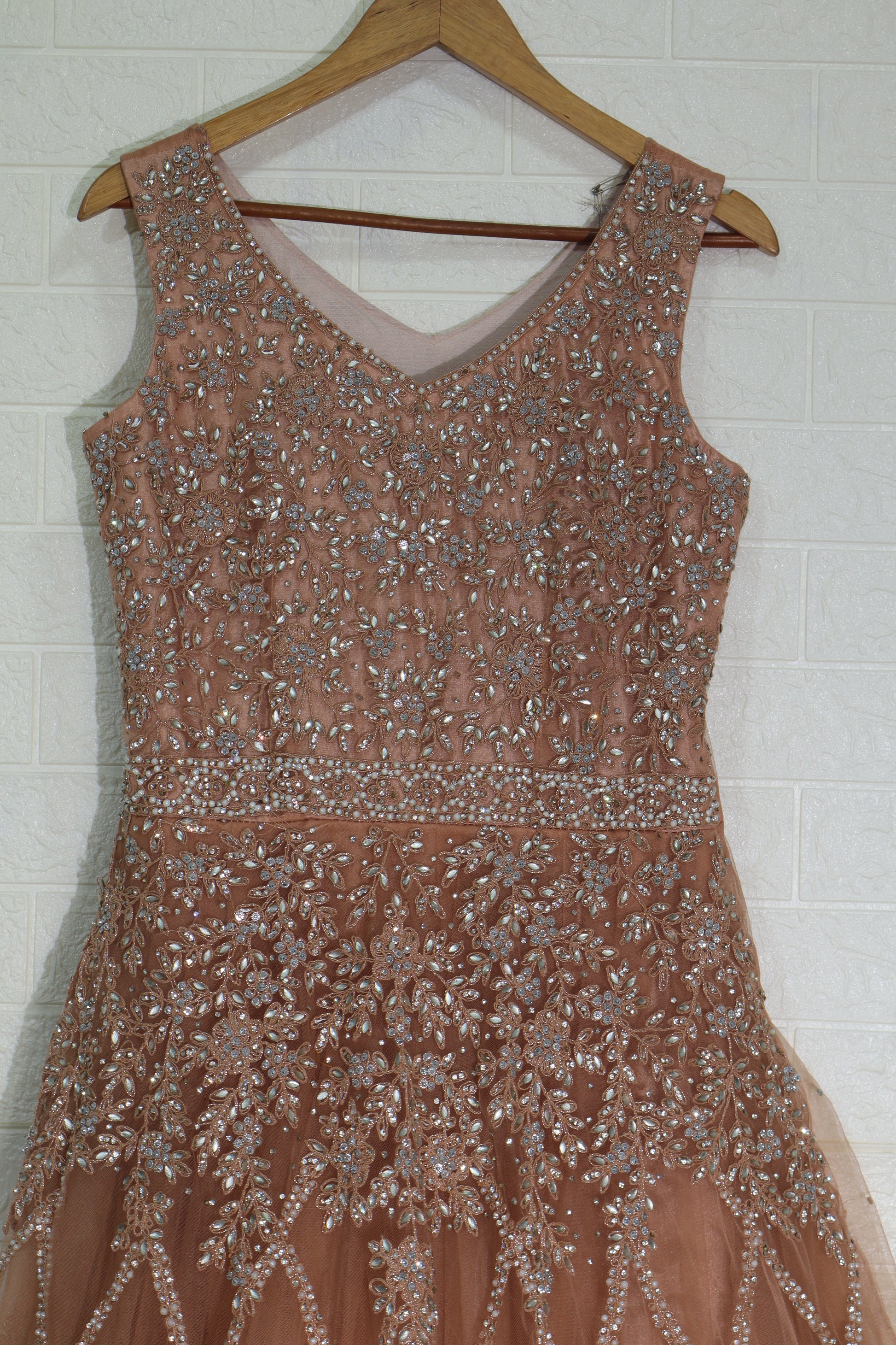 Copper Brown Embellished Net Gown with Crystal Lattice Design