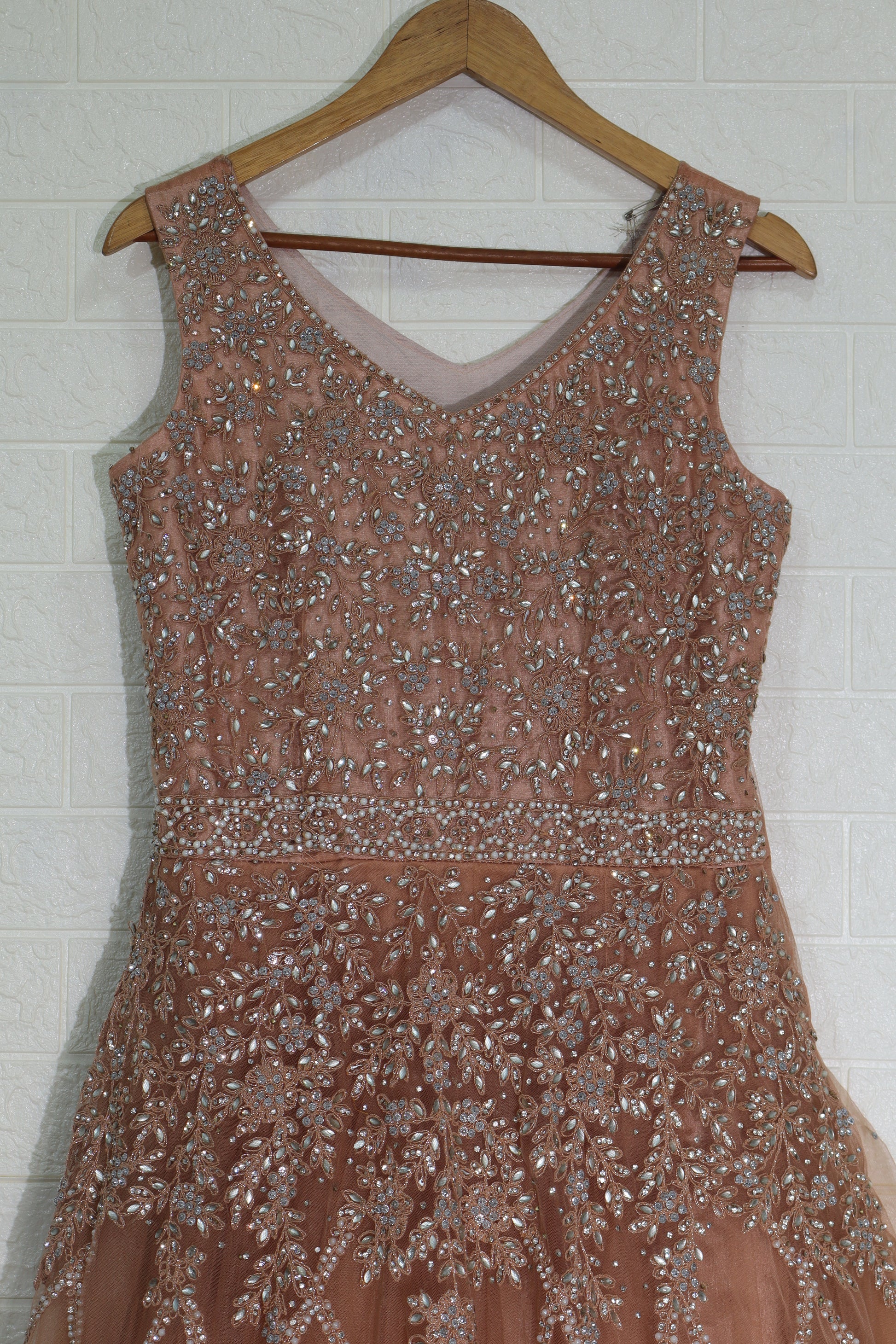 Copper Brown Embellished Net Gown with Crystal Lattice Design
