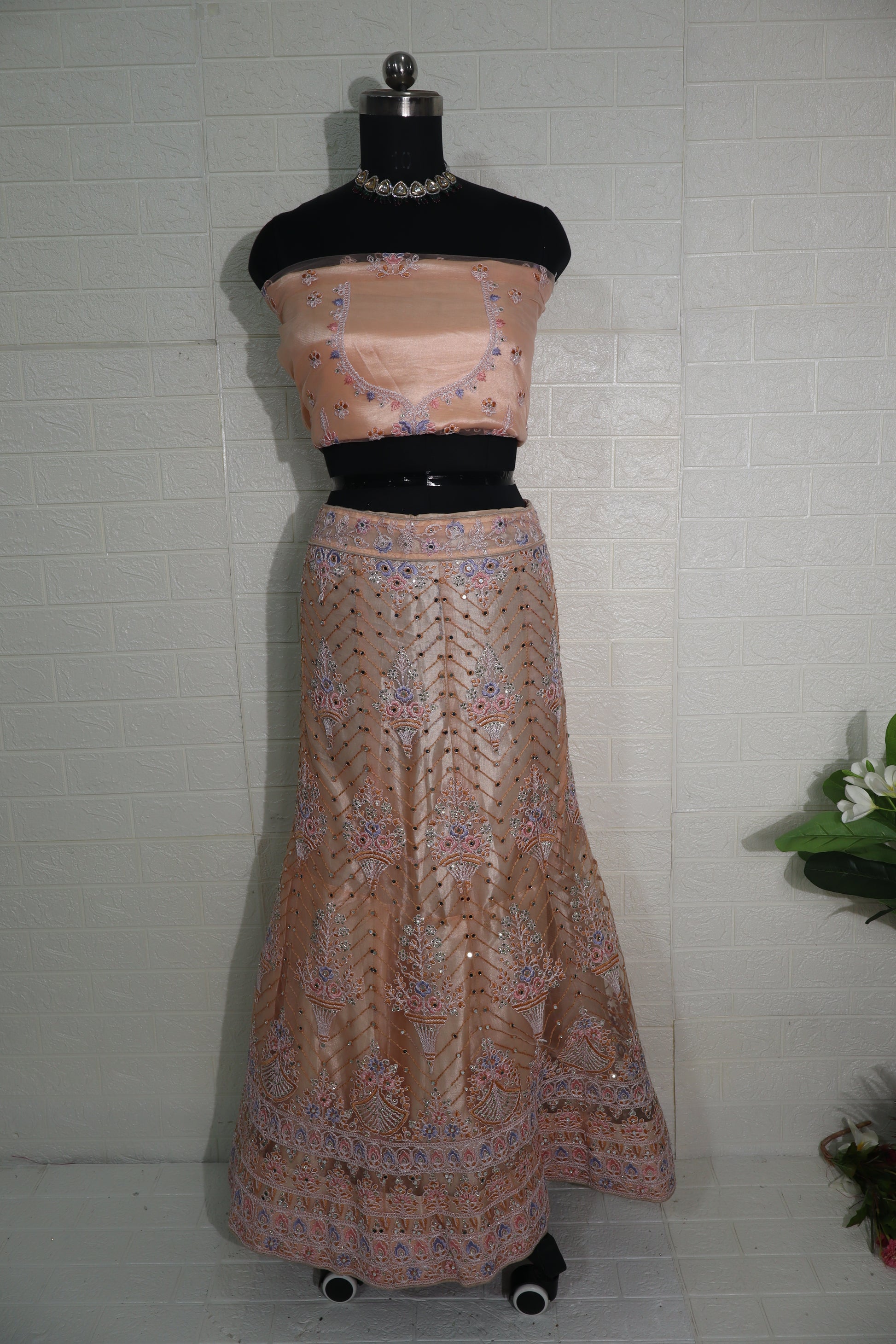 Peach Floral Embroidered Net Lehenga Set