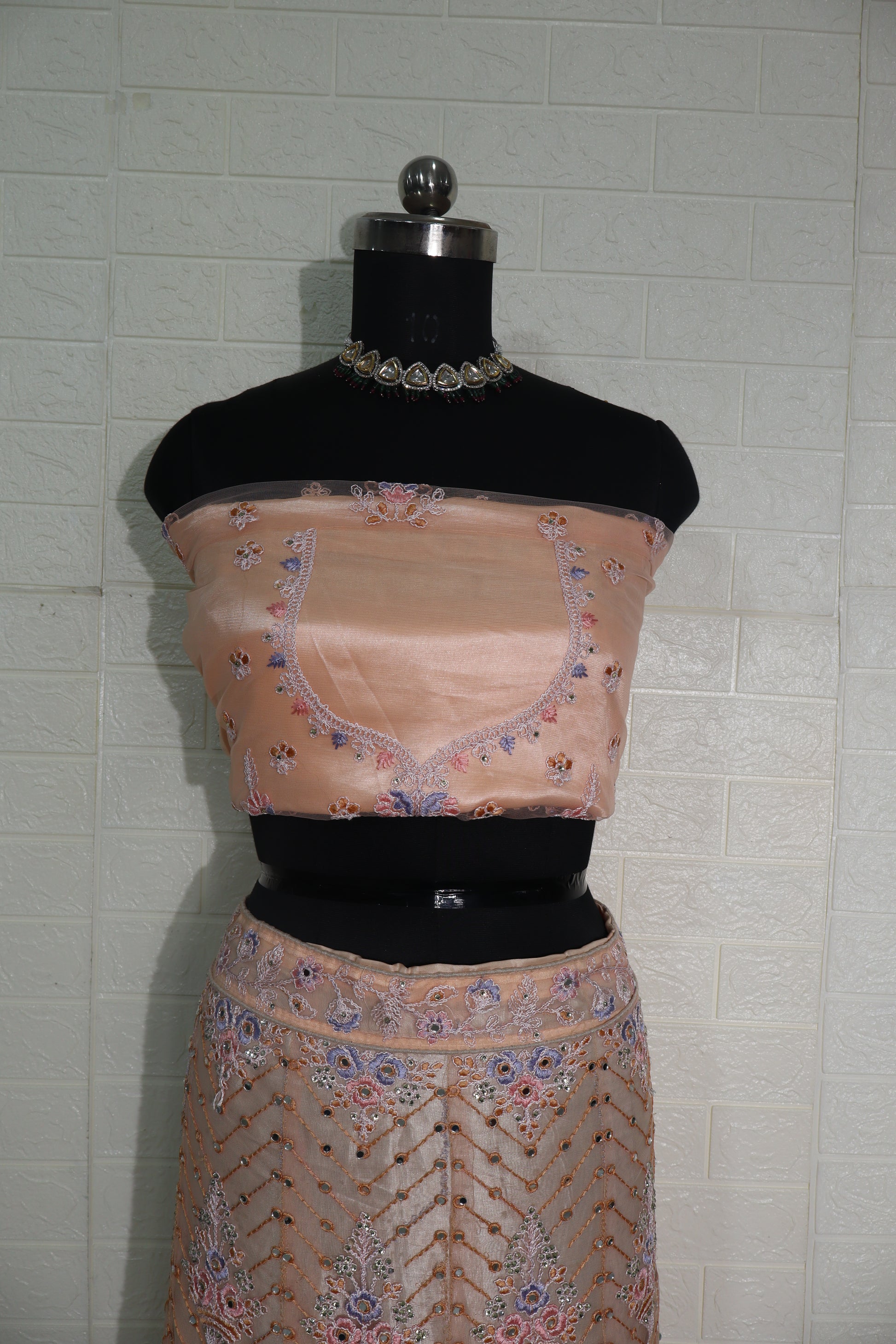 Peach Floral Embroidered Net Lehenga Set