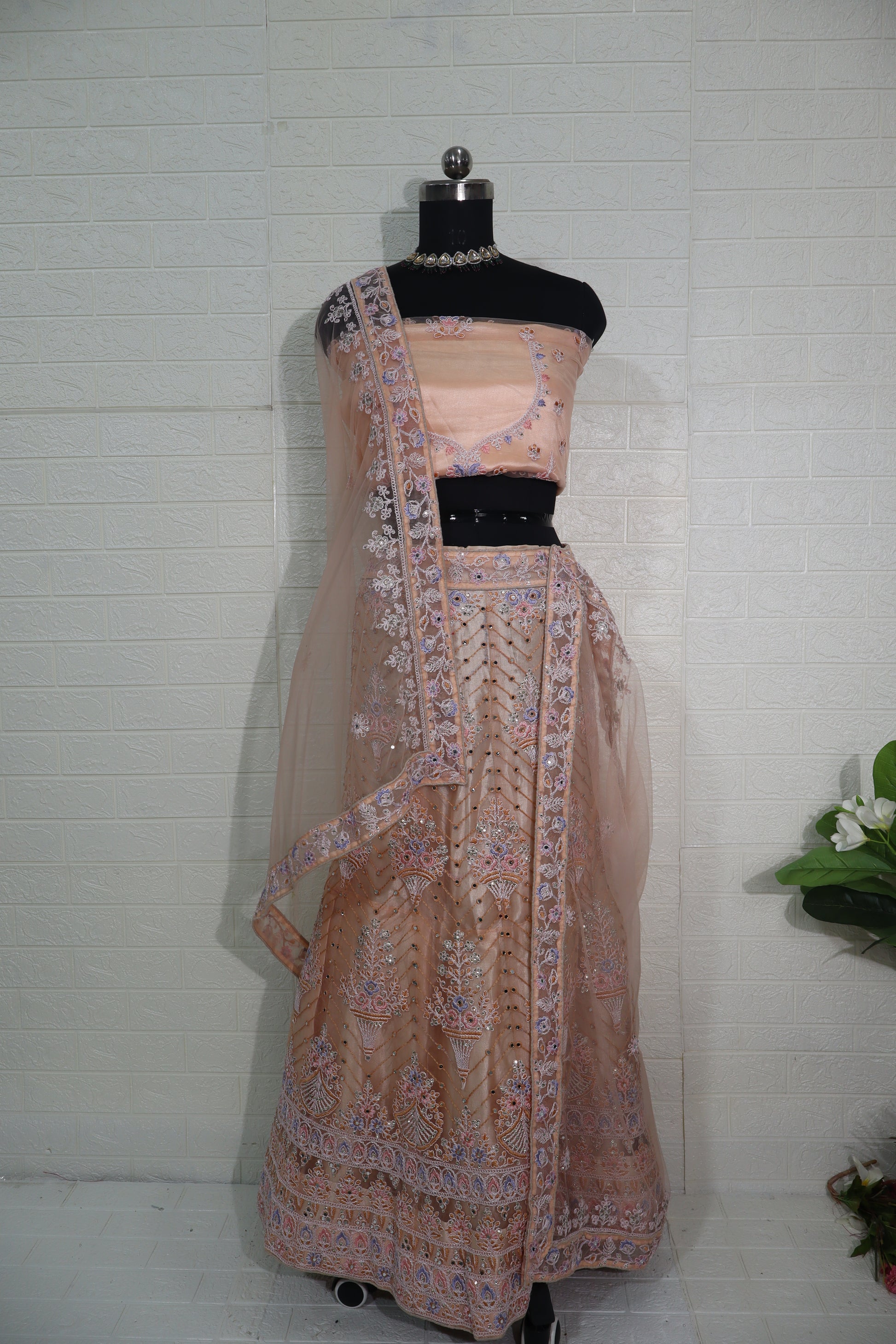 Peach Floral Embroidered Net Lehenga Set