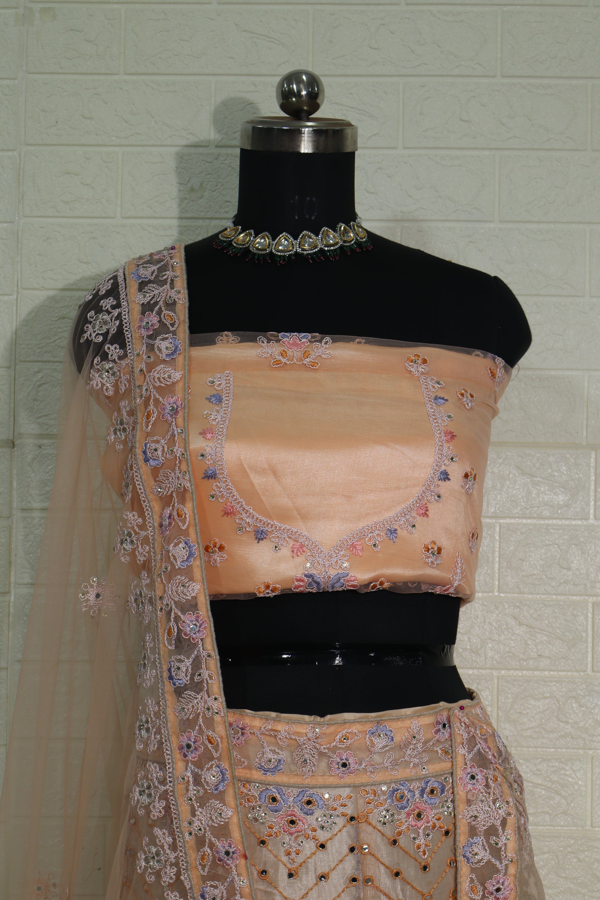 Peach Floral Embroidered Net Lehenga Set