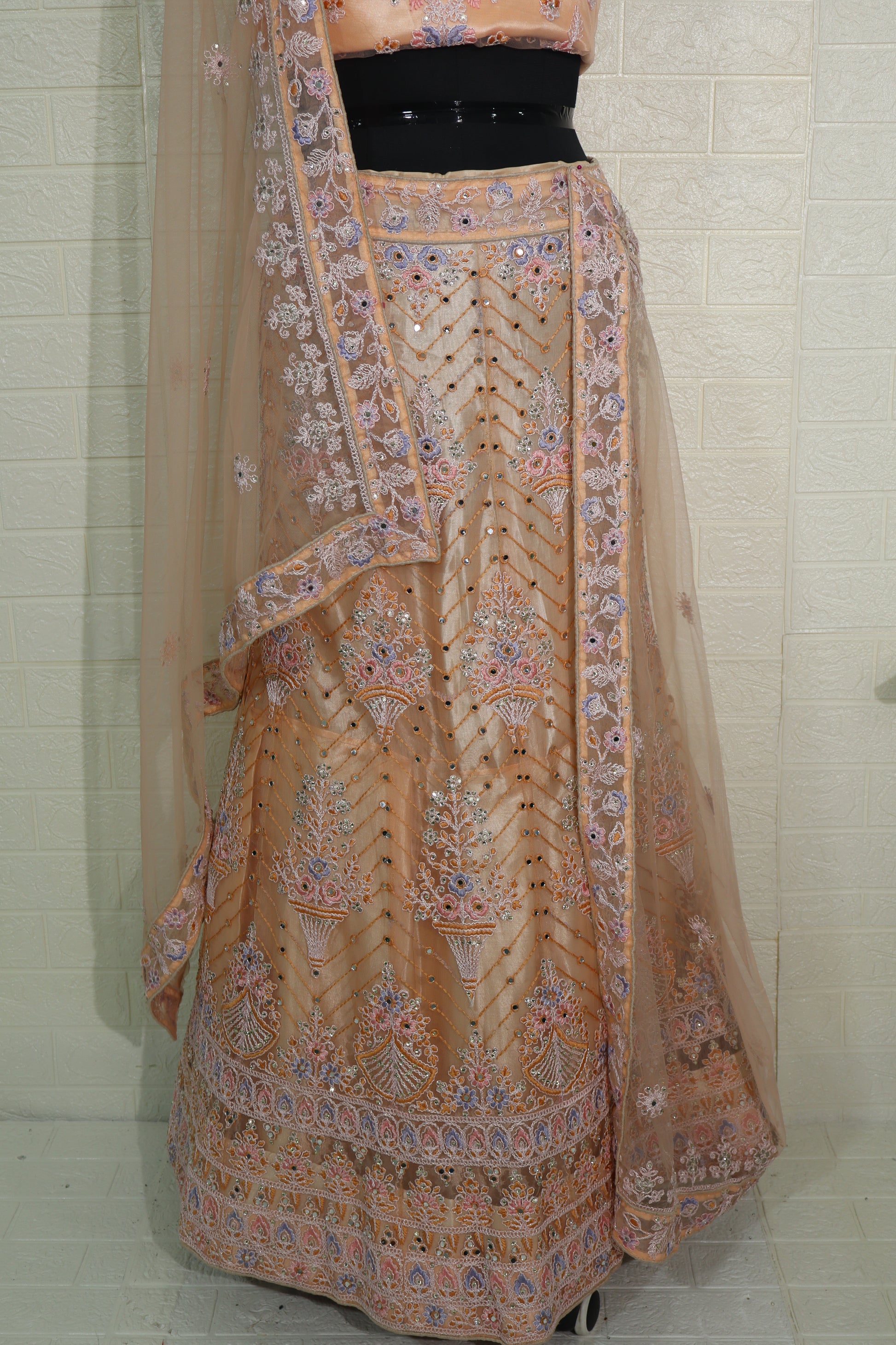Peach Floral Embroidered Net Lehenga Set