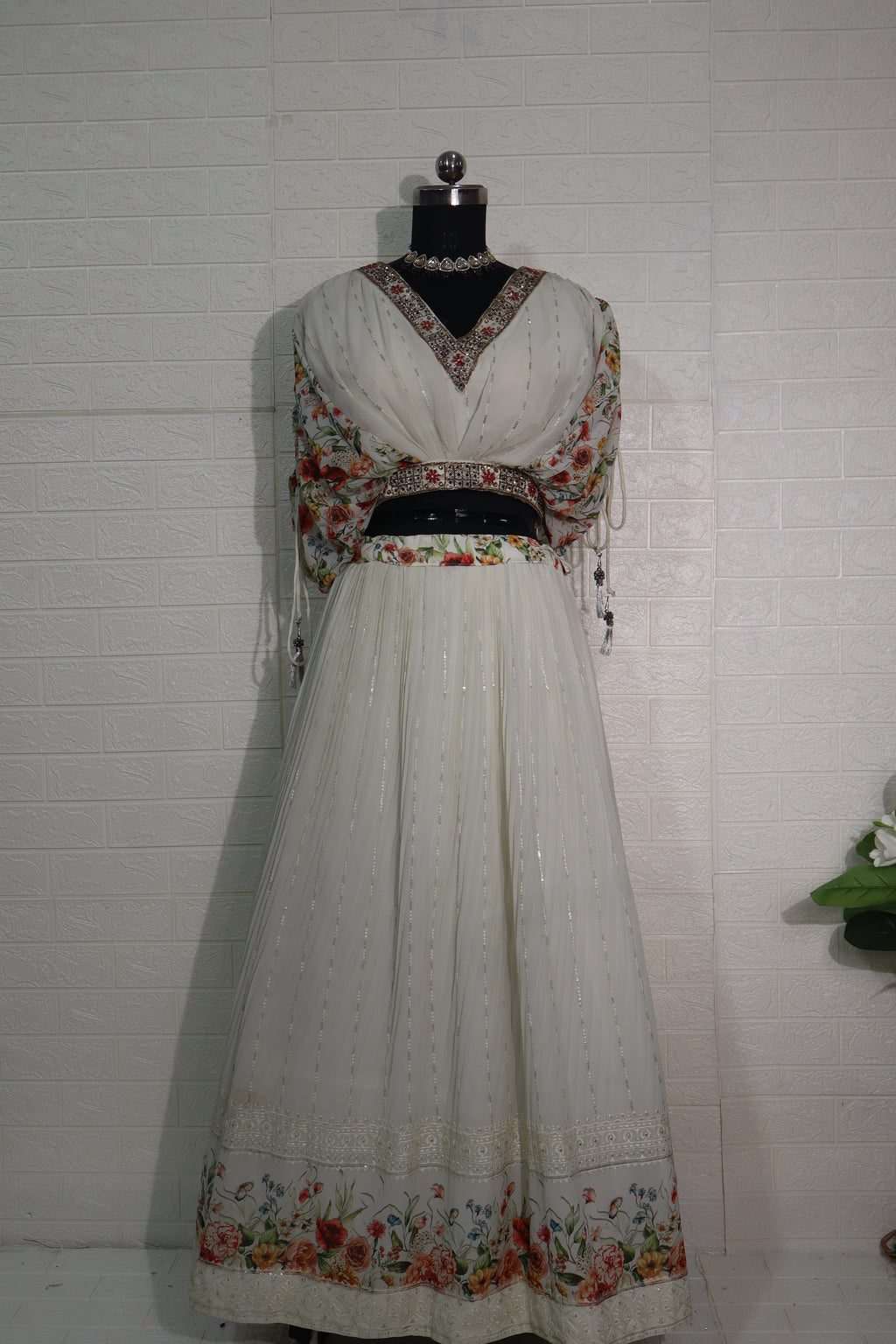 Ivory Floral Printed & Embroidered Lehenga Set