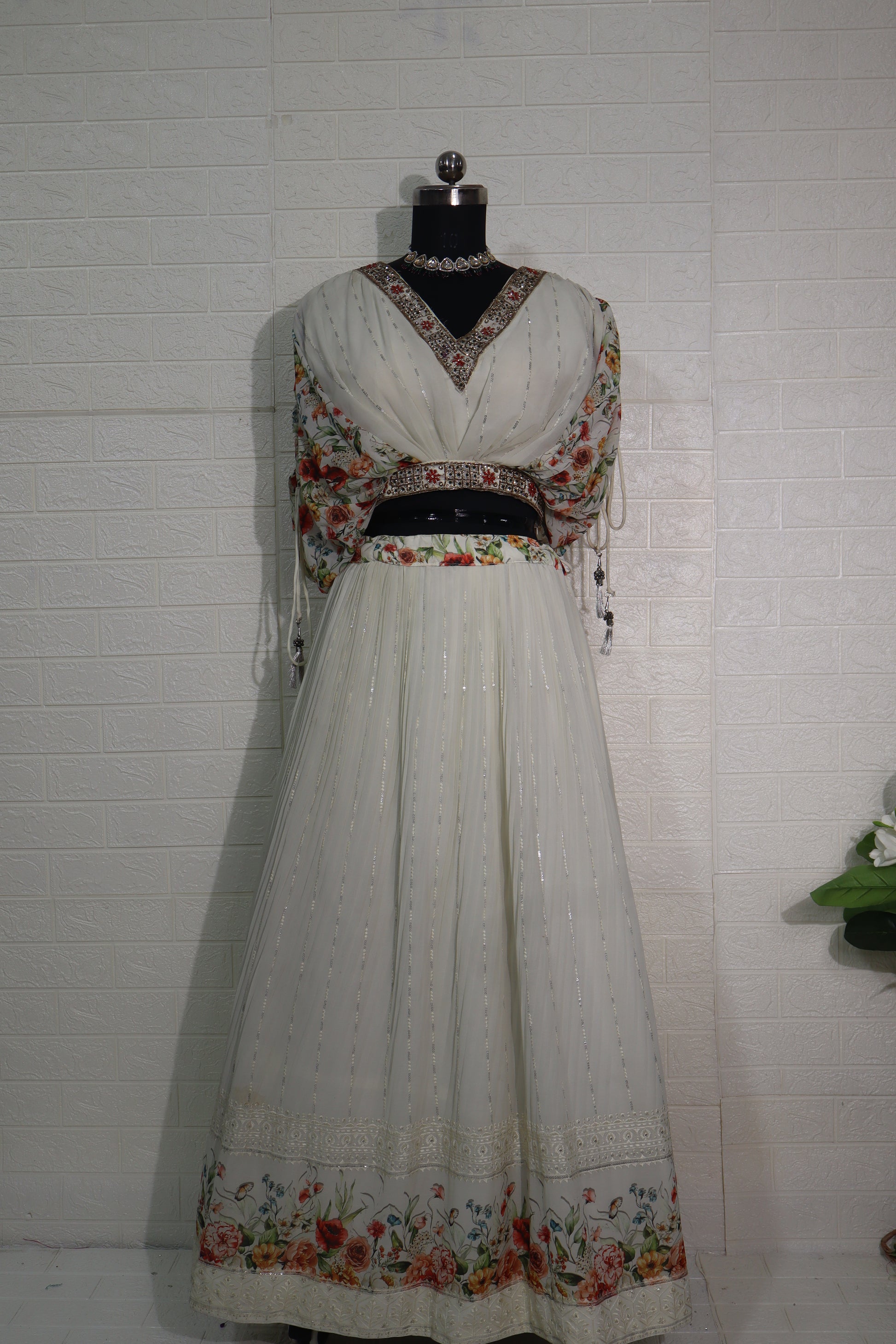 Ivory Floral Printed & Embroidered Lehenga Set