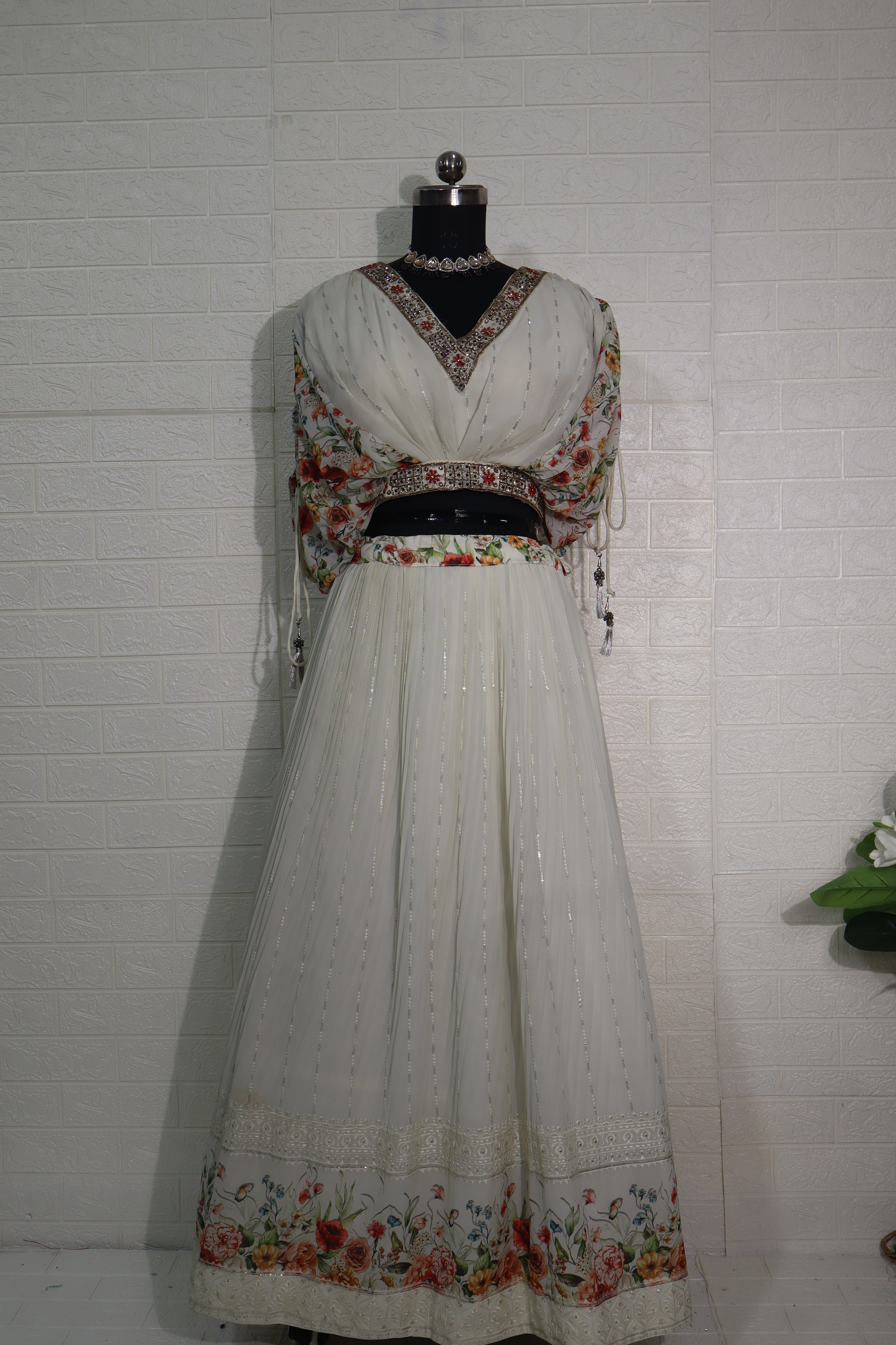 Ivory Floral Printed & Embroidered Lehenga Set