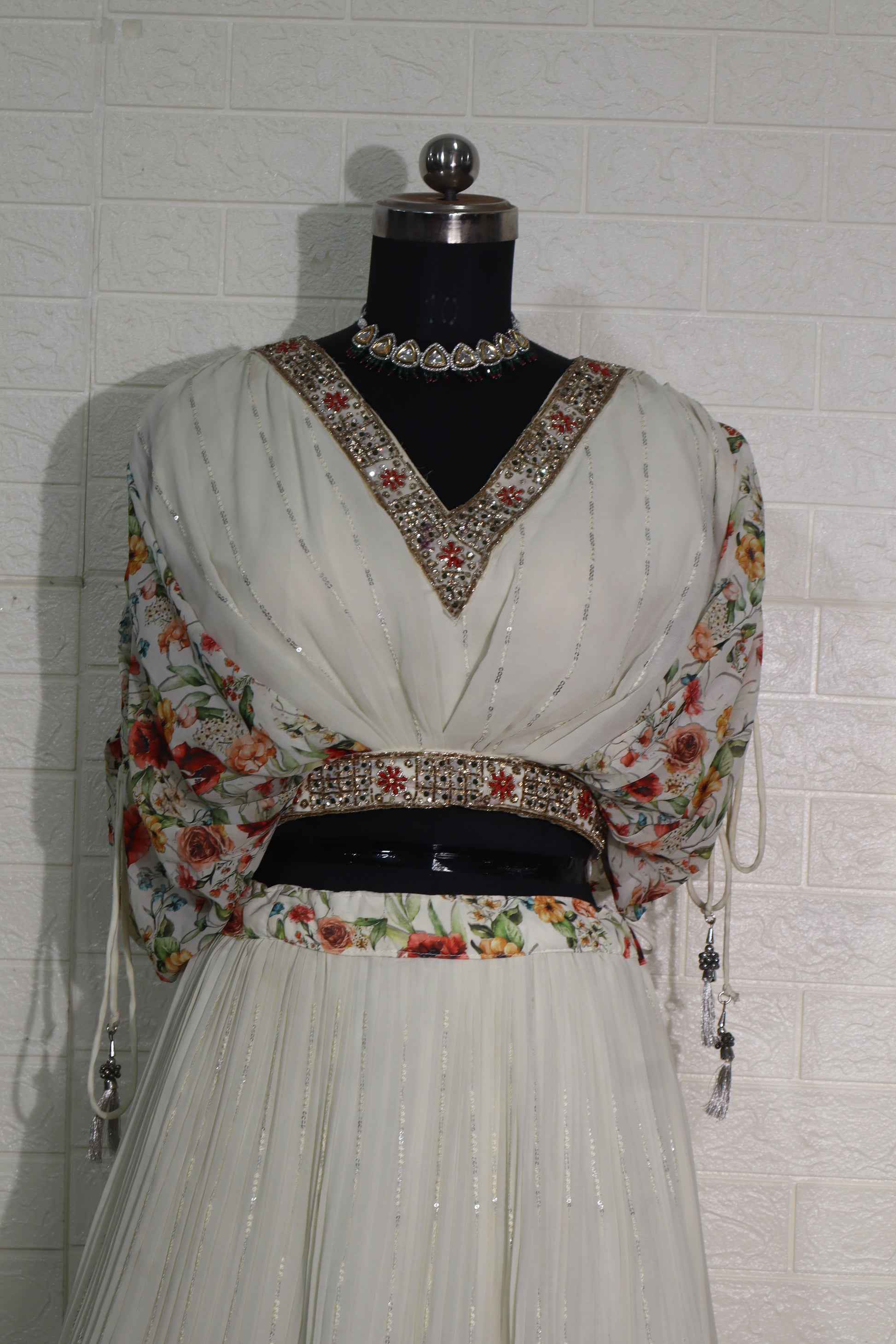 Ivory Floral Printed & Embroidered Lehenga Set