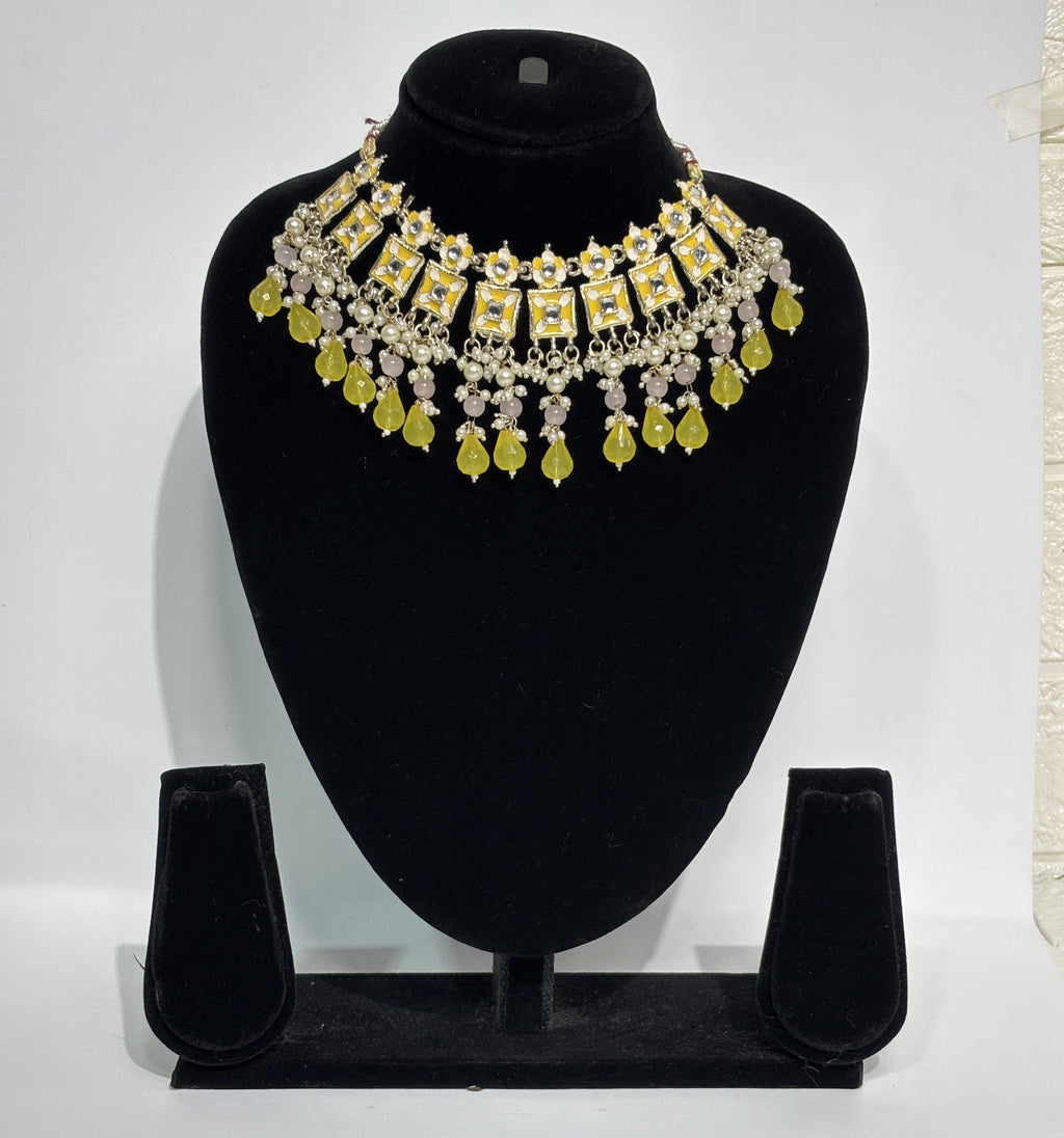 Yellow Kundan Choker Set with Beaded Drops