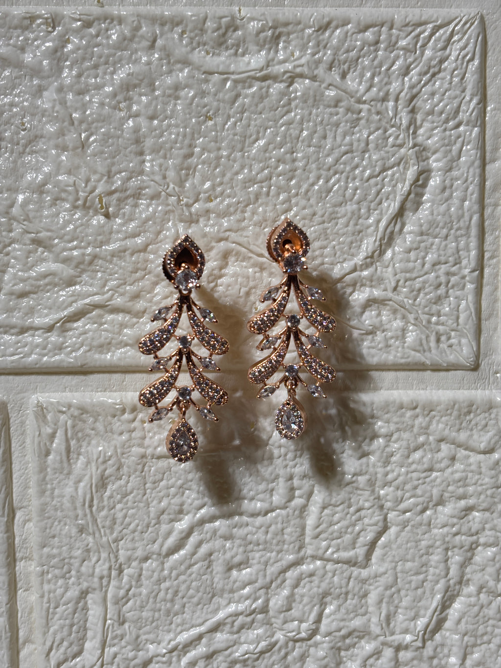 Rose Gold Leaf Drop Necklace Set with Crystal Accents