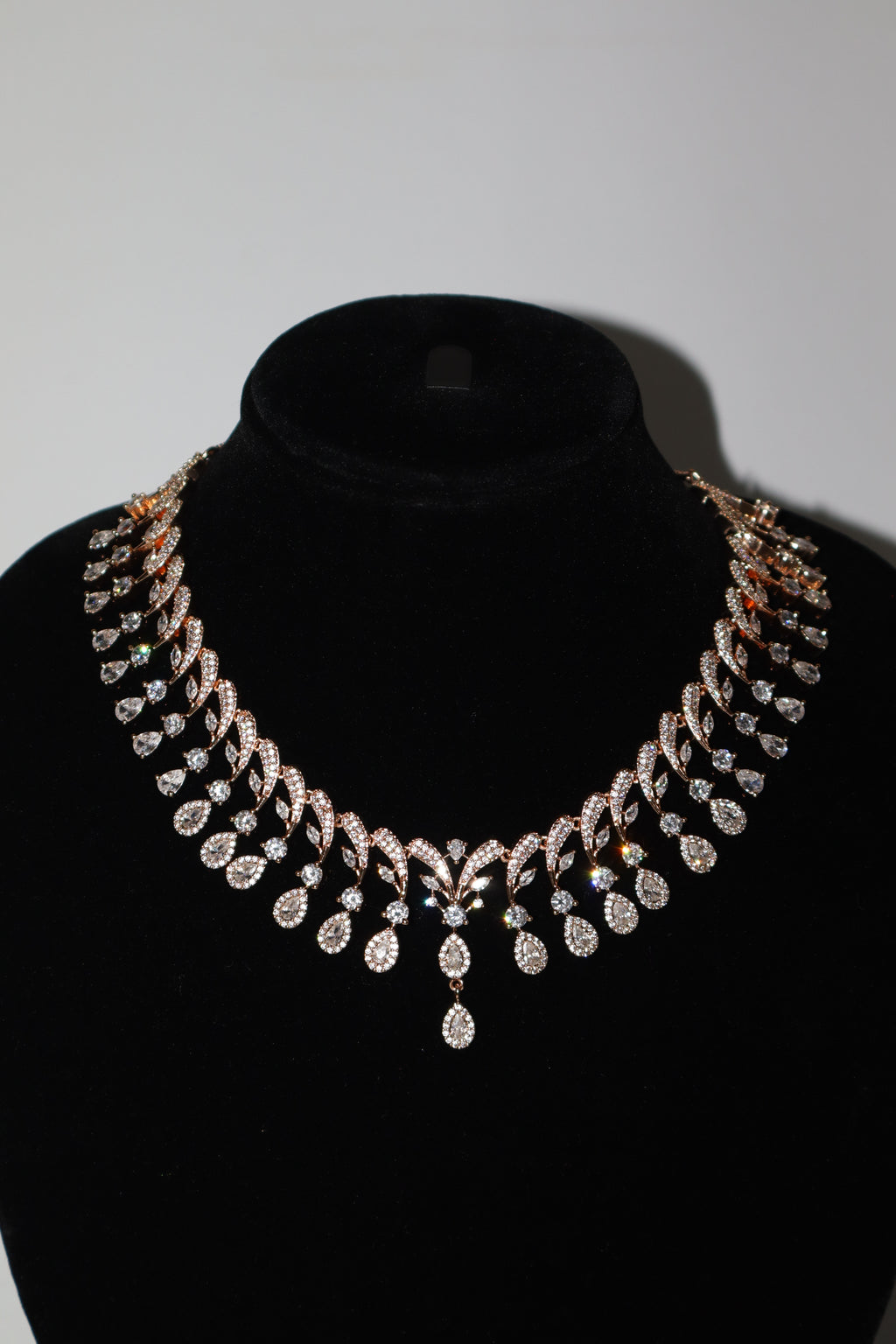 Rose Gold Leaf Drop Necklace Set with Crystal Accents