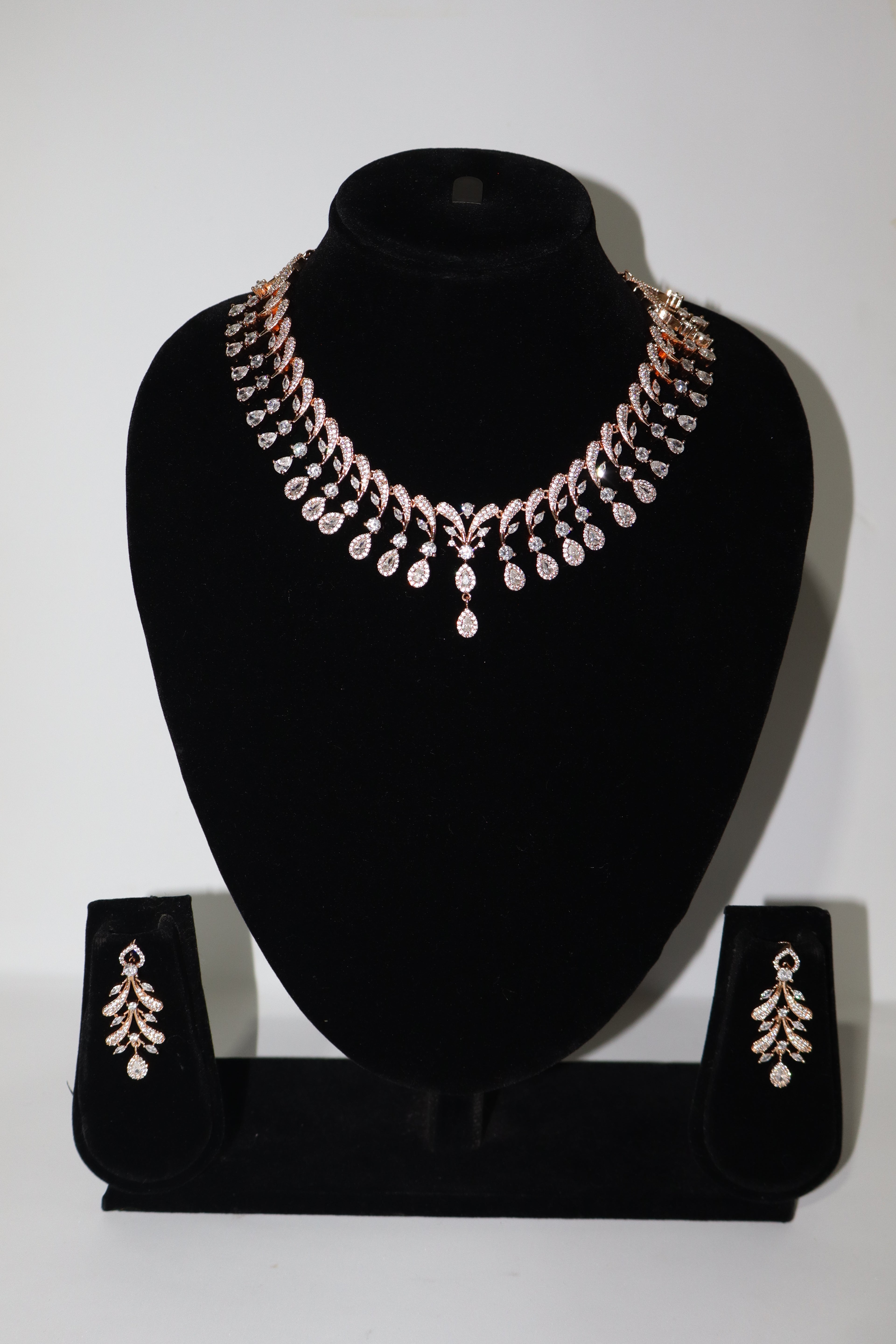 Rose Gold Leaf Drop Necklace Set with Crystal Accents