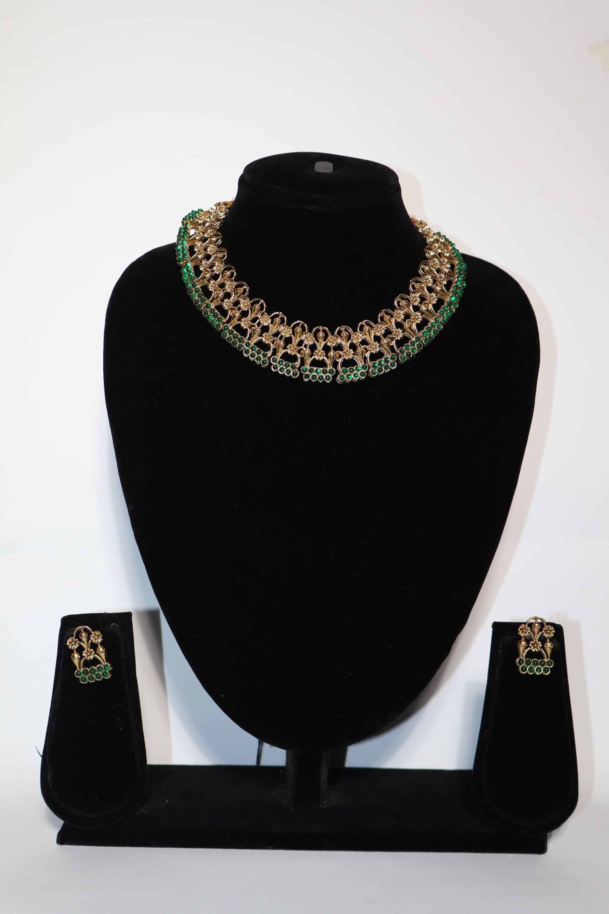 Royal Green Temple Necklace Set with Traditional Motif Earrings