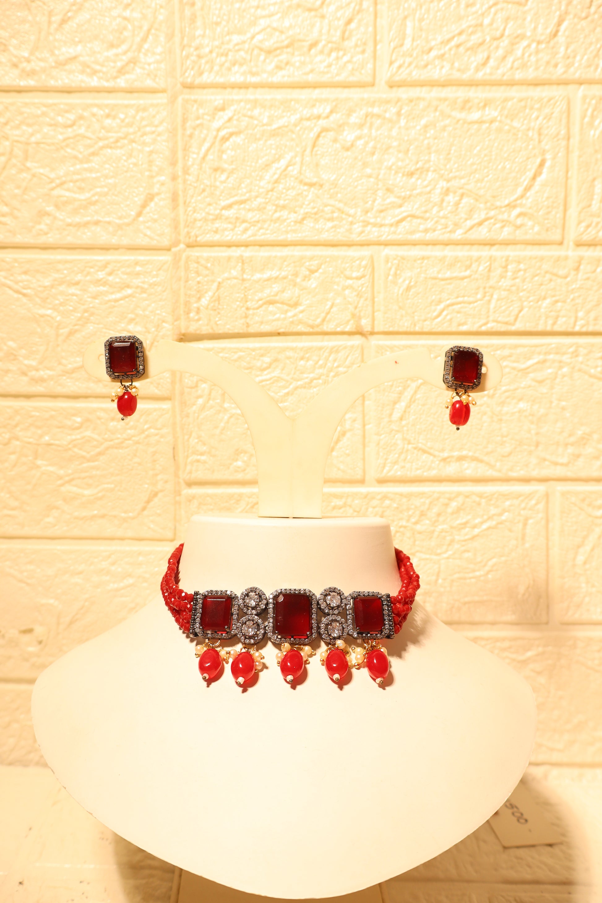 Royal Red Stone Choker & Earrings Set