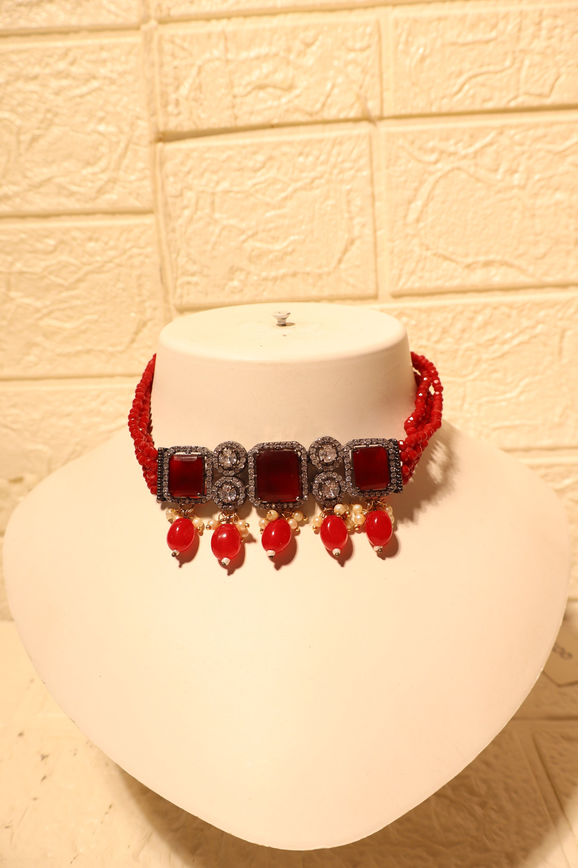 Royal Red Stone Choker & Earrings Set