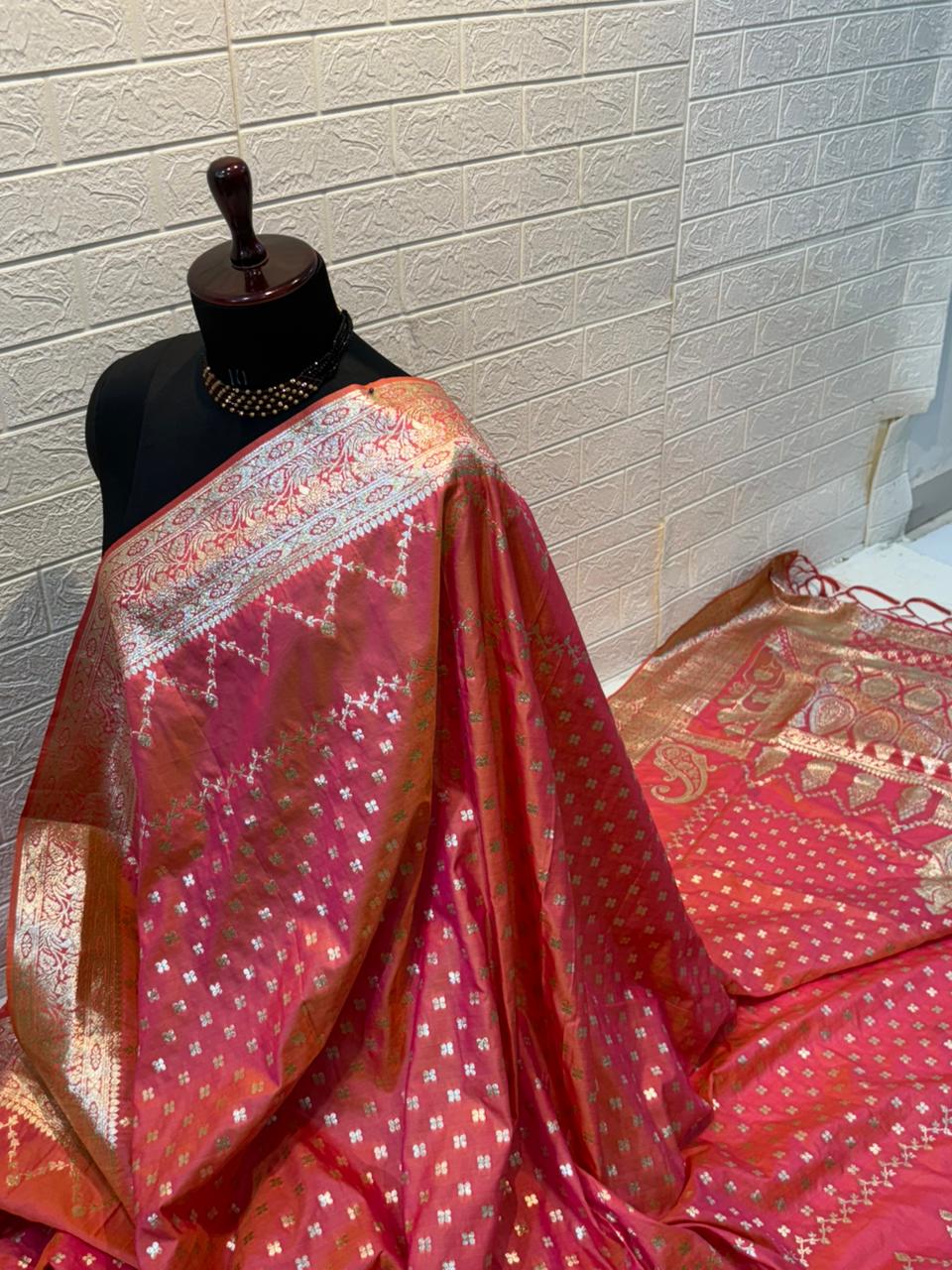 Coral Pink Banarasi Silk Saree