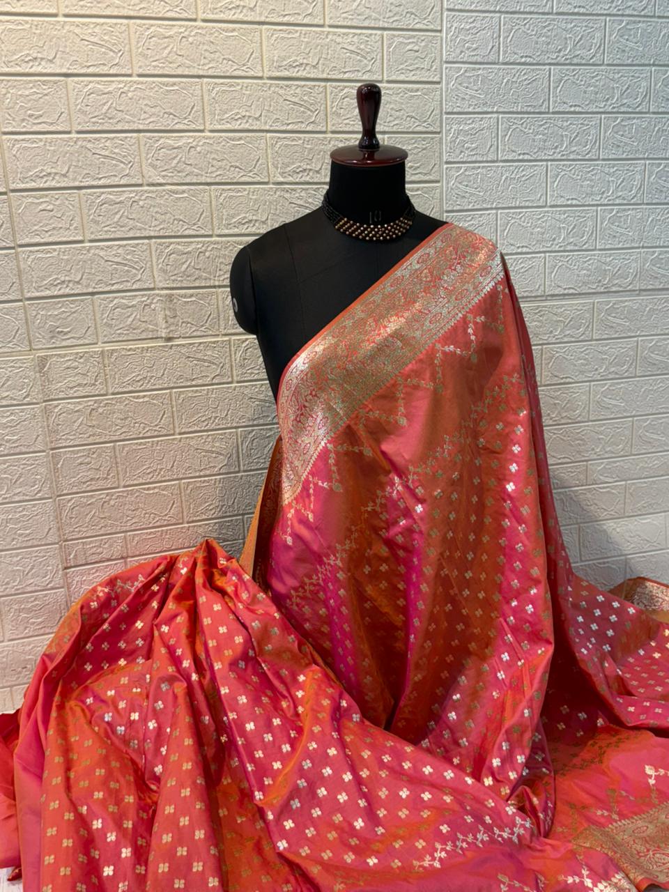 Coral Pink Banarasi Silk Saree