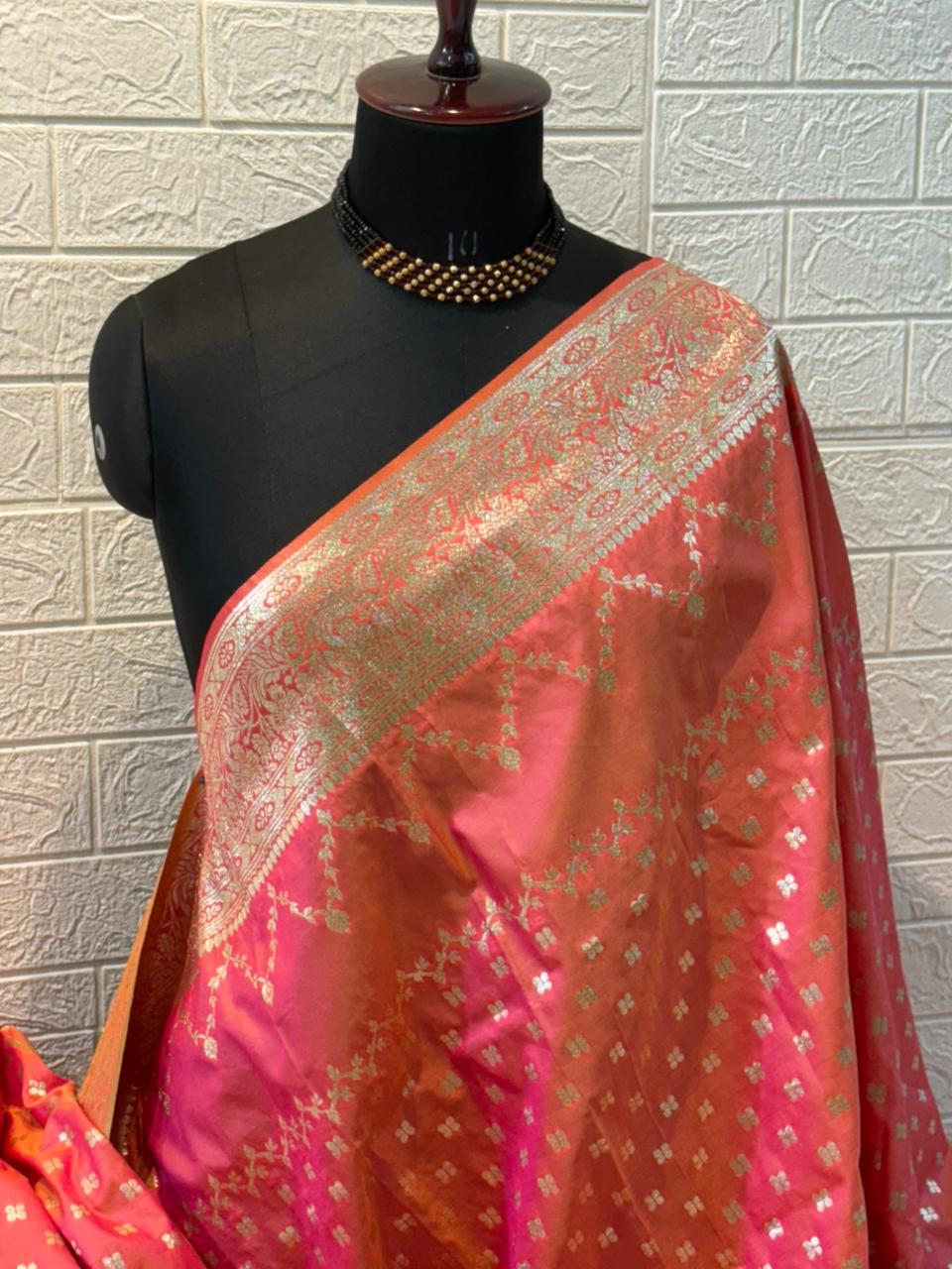 Coral Pink Banarasi Silk Saree