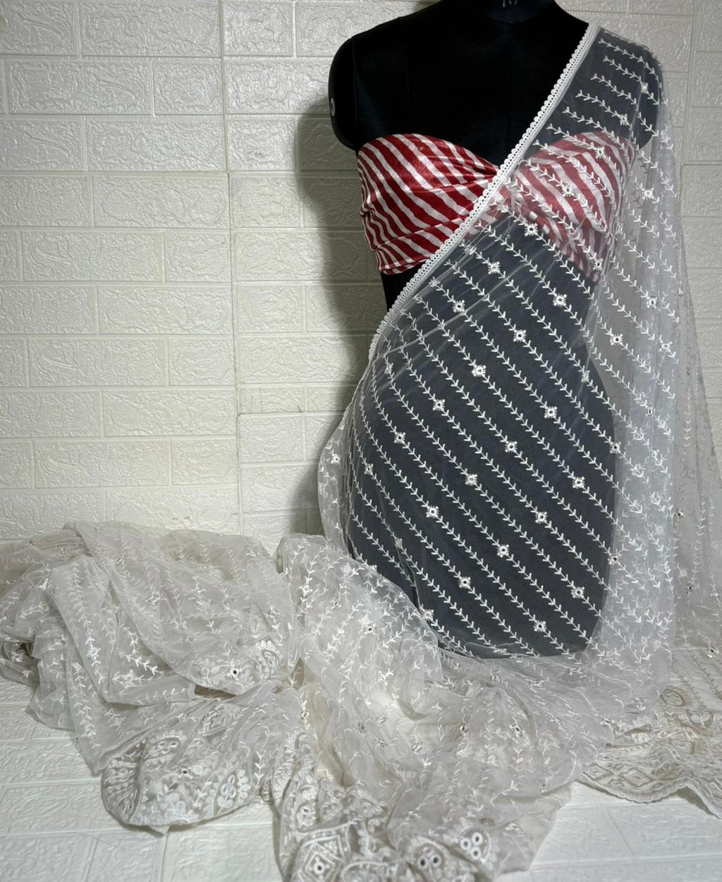 White Embroidered Net Saree with Heavy Cutwork Border