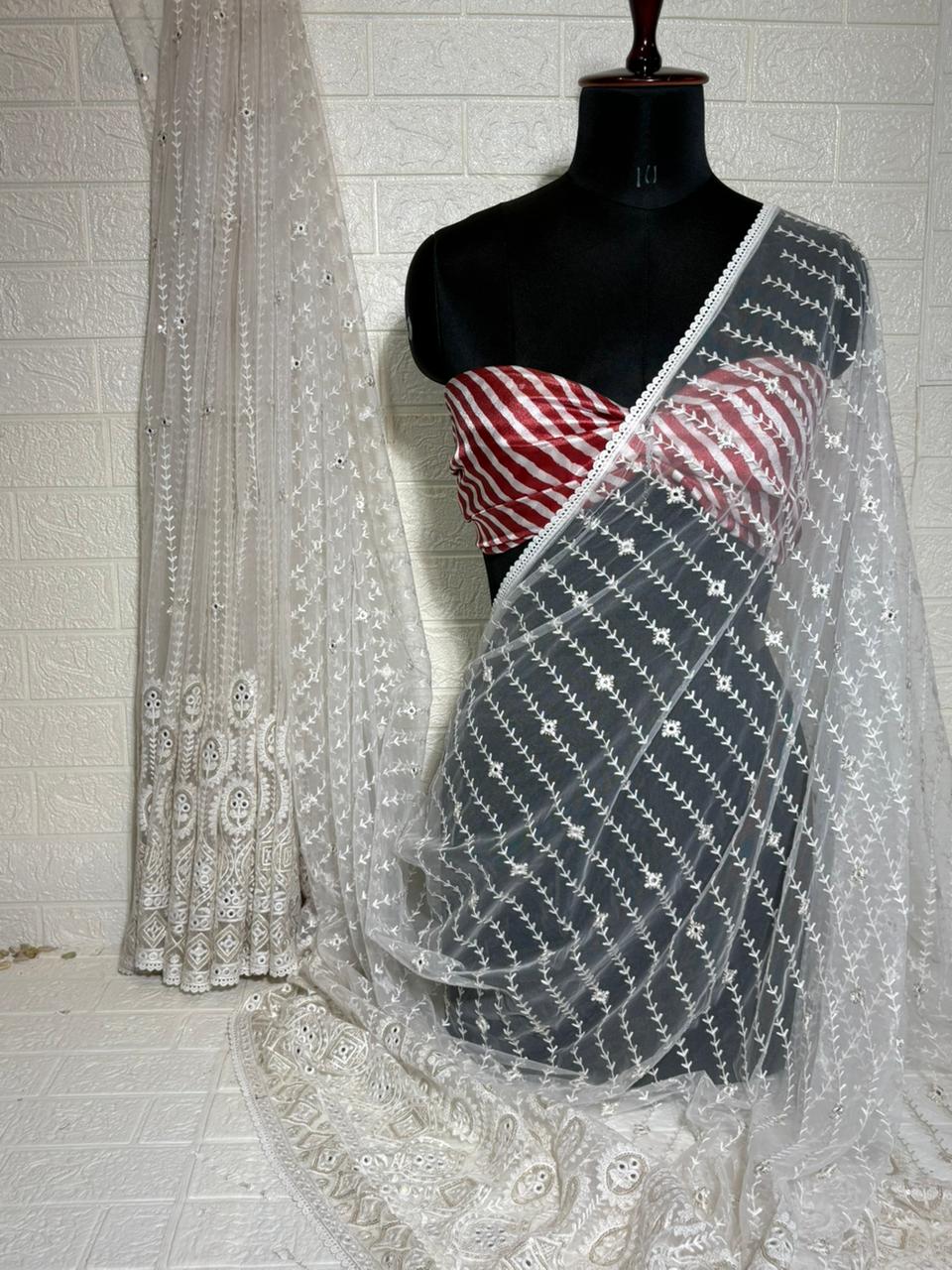 White Embroidered Net Saree with Heavy Cutwork Border